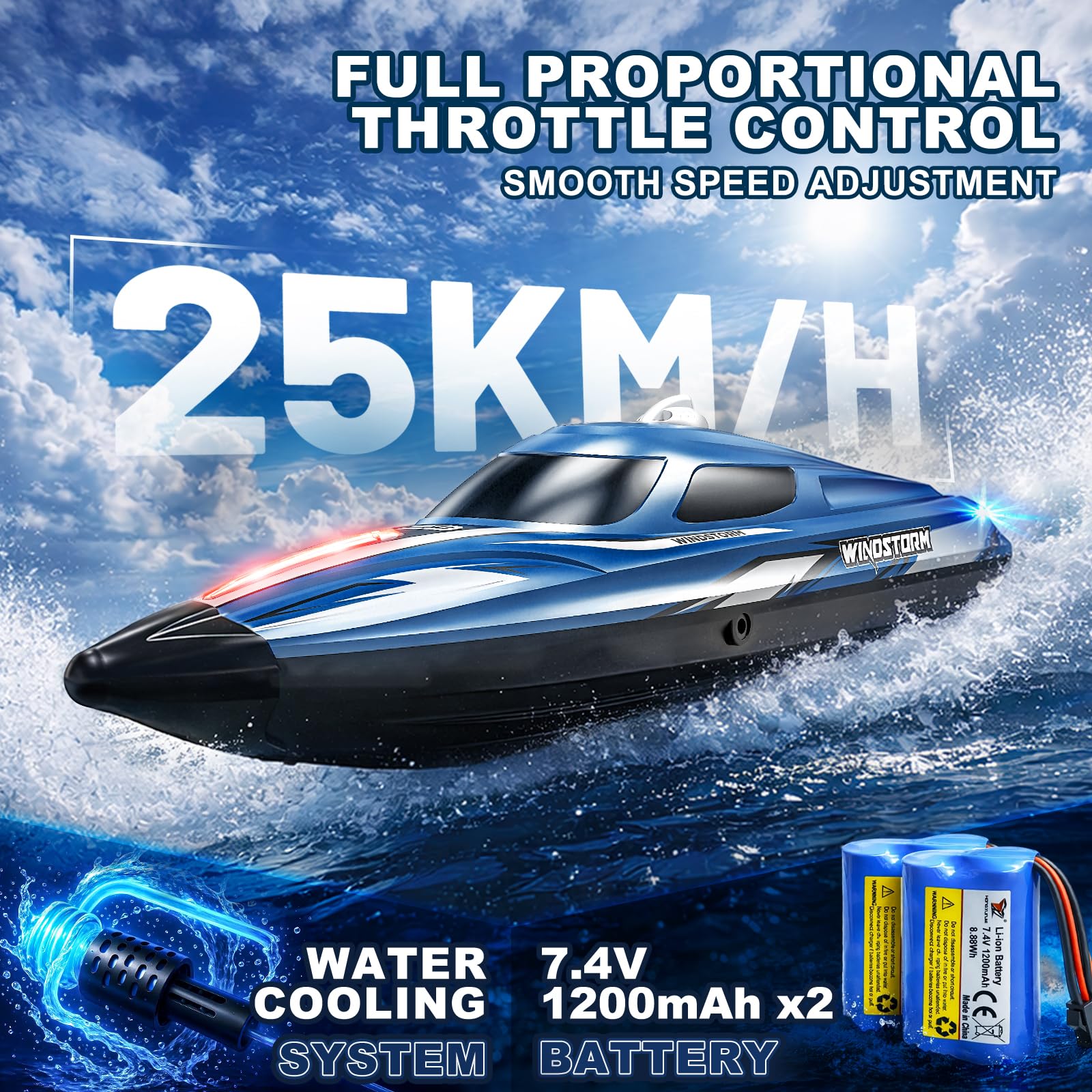 YESHIN Bateau Radiocommandé 25 km/h, 2,4 GHz avec lumières LED, 2 Piles, étanche et Anti-chavenir, Distance de Fonctionnement de 150 m, Convient pour Piscine et Lacs, Cadeau pour Enfants de 8 Ans et