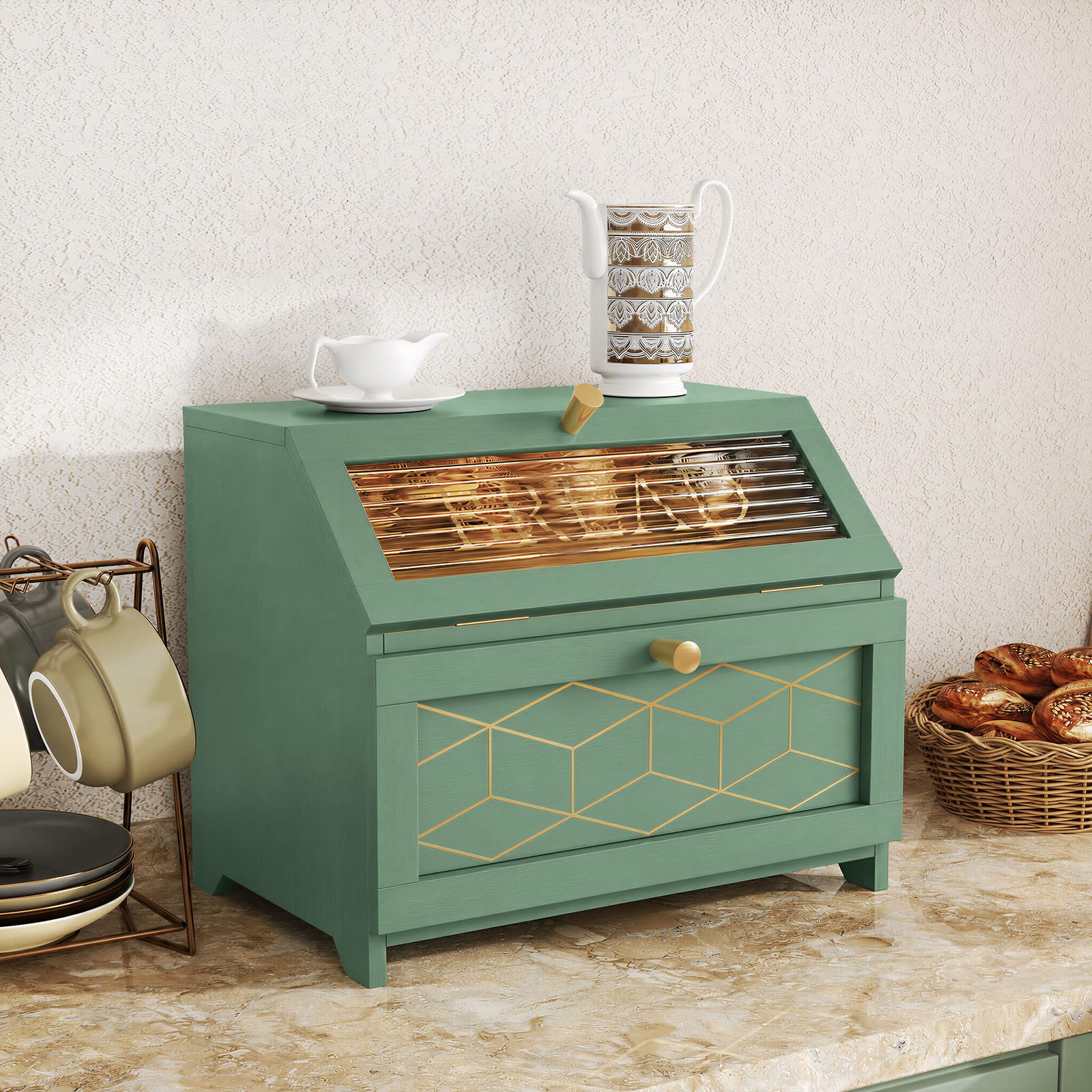 Portapane Legno a 2 Livelli con Finestra Trasparente, Portapane Moderno da Cucina con Ampio Spazio di Archiviazione, Porta Pane da Cucina per Pane, Snack e Alimenti, Verde