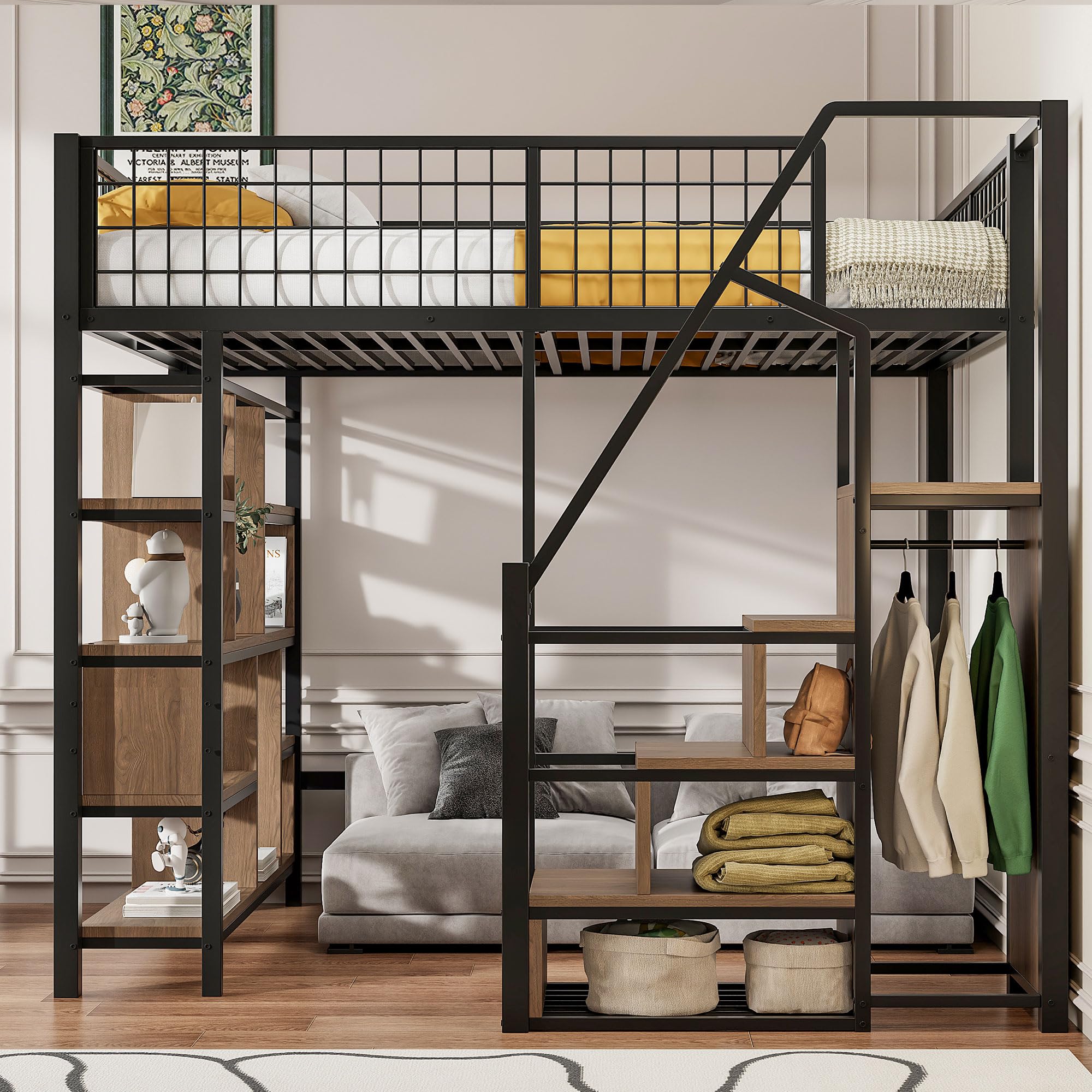 Kayan Hochbett 140 x 200 cm, Metallbett mit Stauraum, Ablageflächen und Treppe, Funktionsbett Kinderhochbett Jugendhochbett mit Rausfallschutz, Weiß, ohne Matratze (Schwarz)