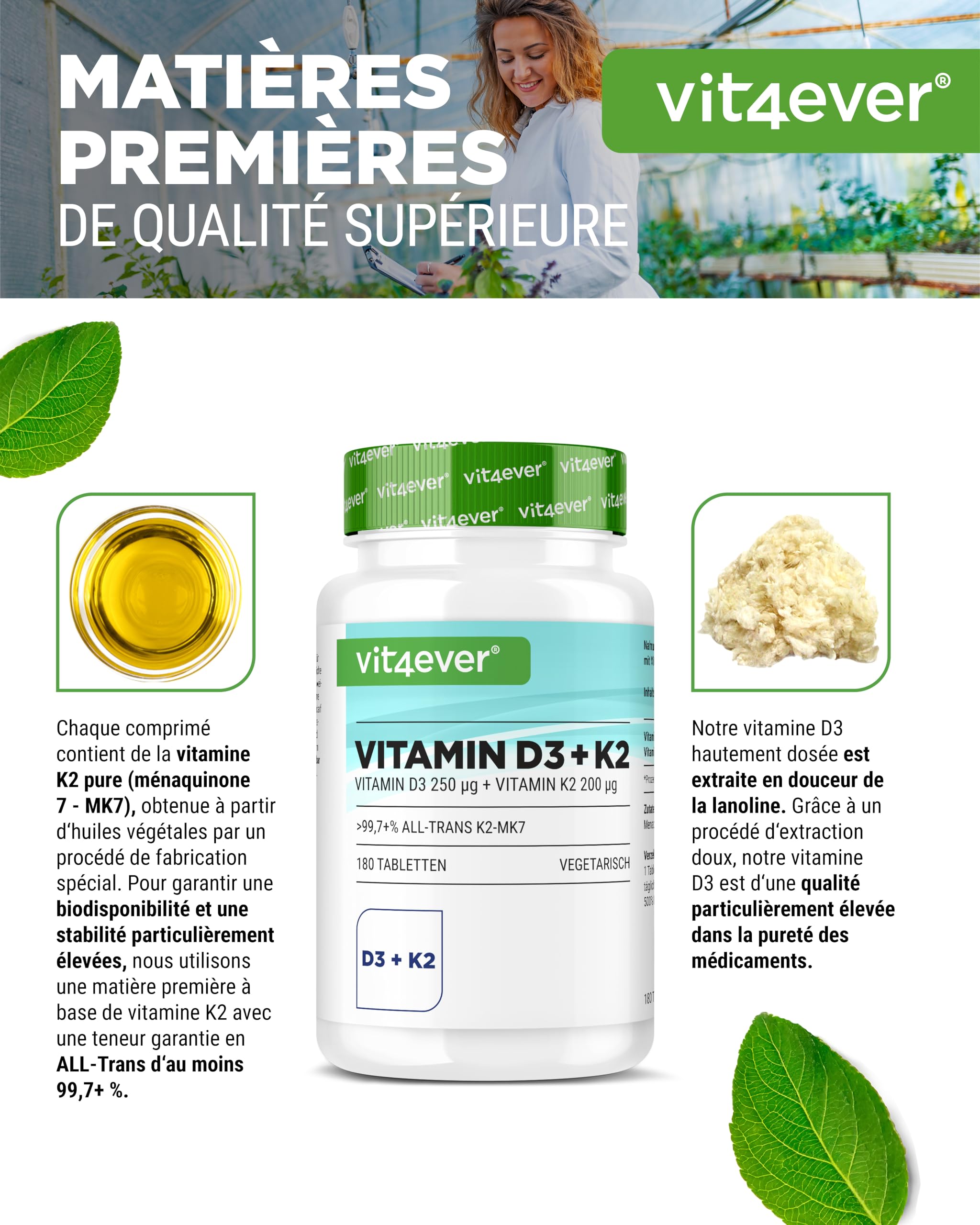 Vitamine D3 + K2 MK-7-180 Comprimés -10.000 U.I. (250µg) Vitamine D3 & 200µg K2 par Comprimé - Matière Première Premium: 99,7+% All-Trans - Haute Pureté - Forte Dose - Végétarien