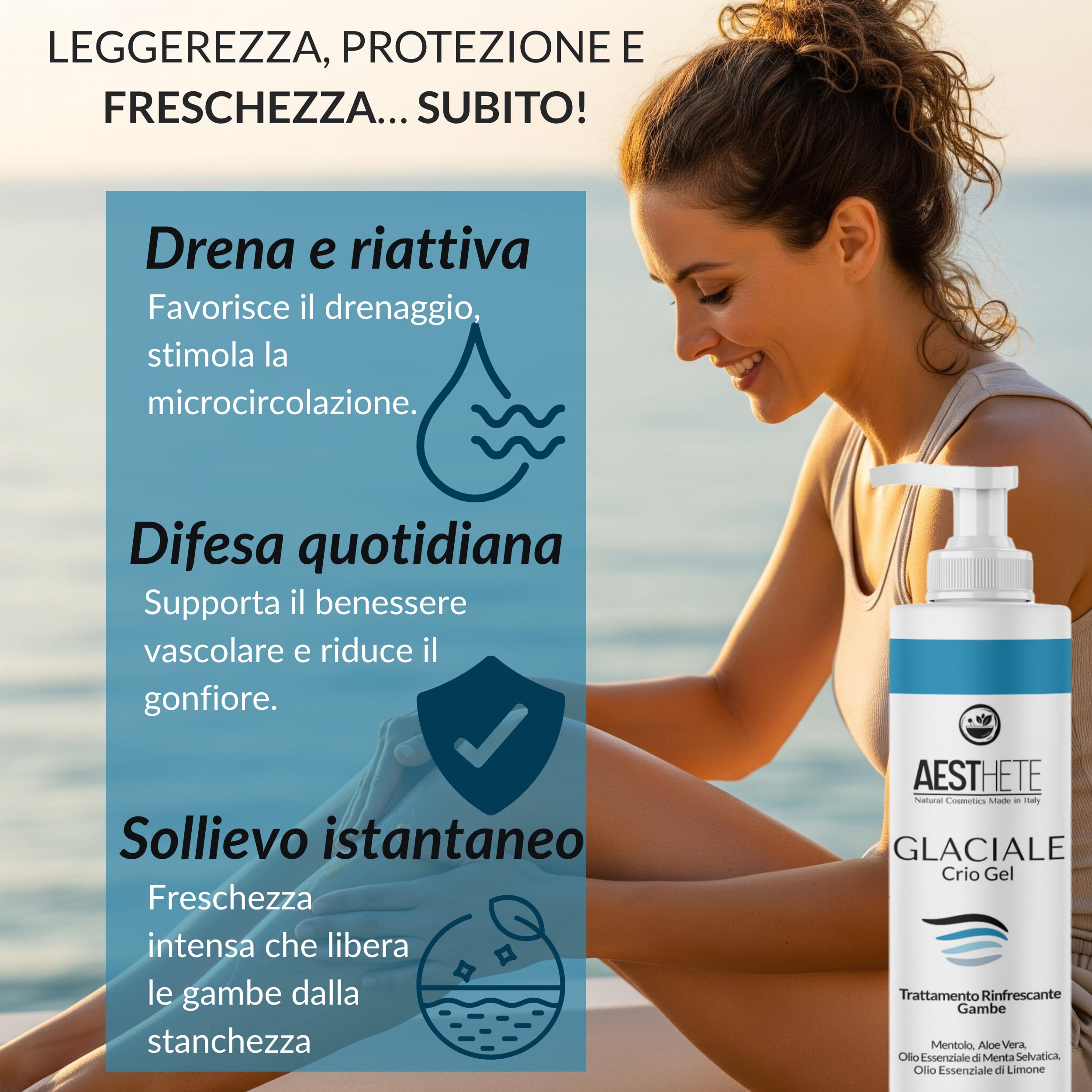 Crema Gambe Effetto Freddo Glaciale – Crio Gel Bio – Freschezza Intensa e Prolungata per Gambe Stanche, Gonfie e Pesanti Vene Varicose e Capillari Rotti – Tonificante e Defaticante Estivo 250ml