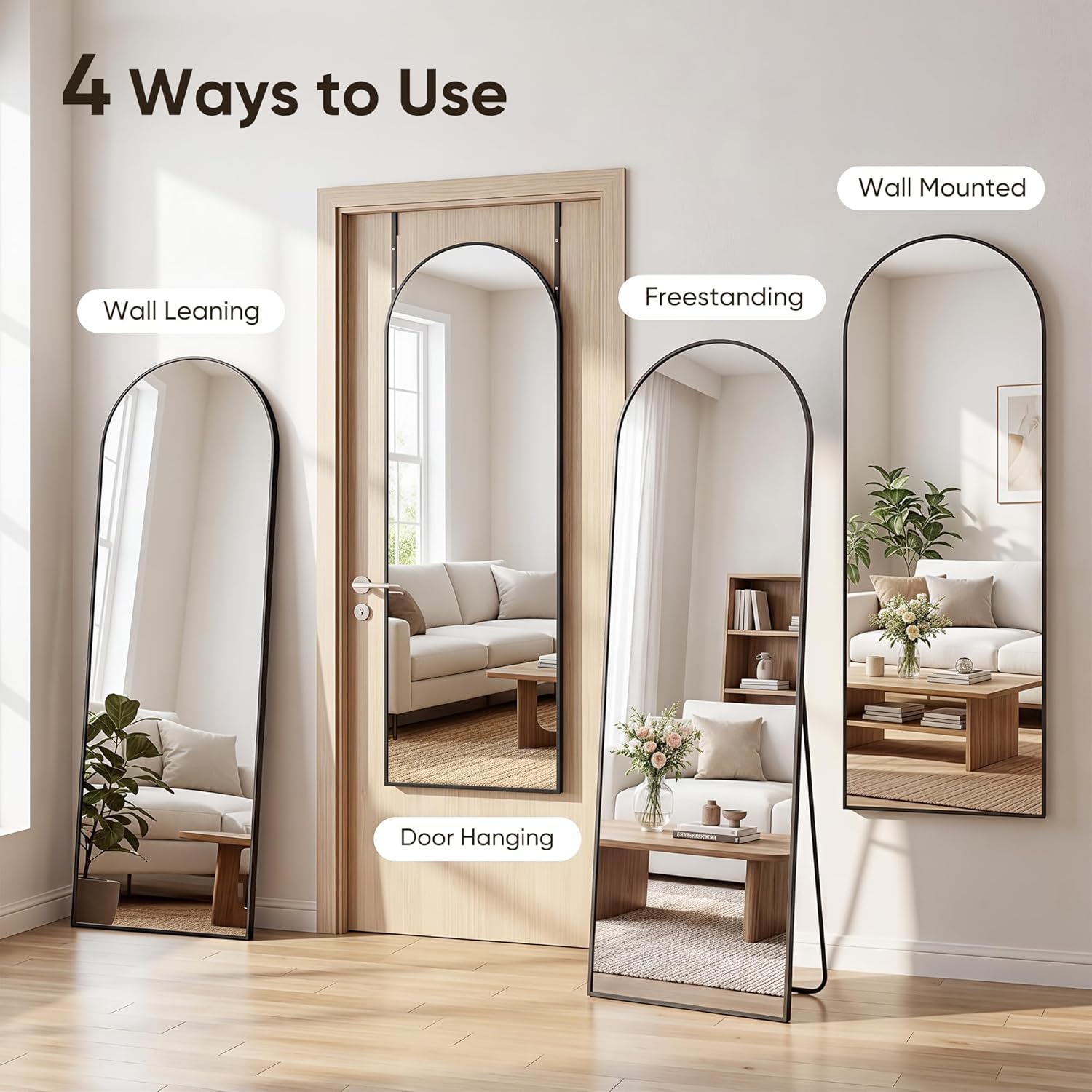 58"x20" Over The Door Mirror, Arched Full Length Mirror with Aluminum Frame, Adjustable Hooks, Wall Mounted or Standing for Bedroom Living Room, Black