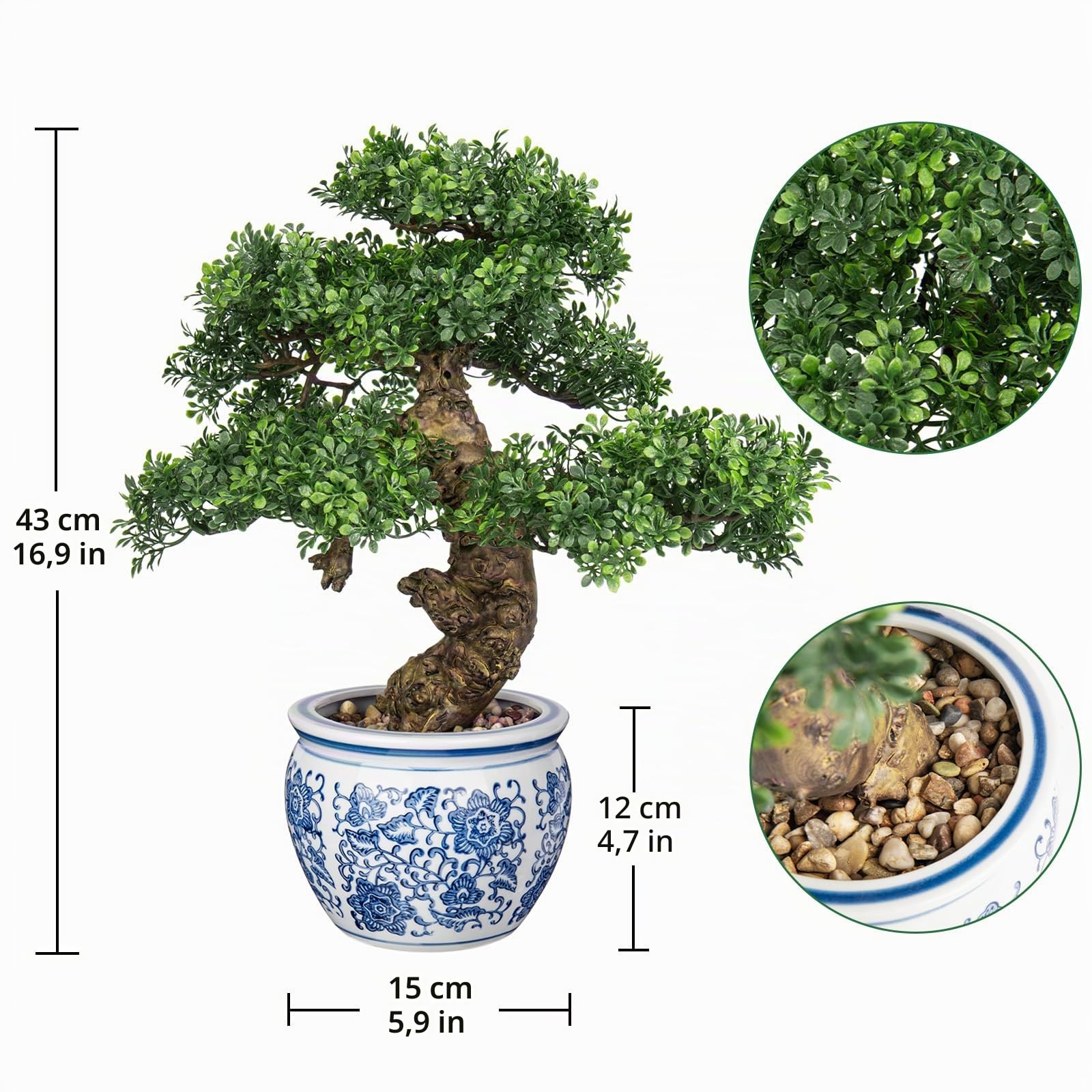 Briful Grande bonsai finto, pianta artificiale da 43 cm, in vaso di ceramica blu e bianco, decorativo per casa e ufficio
