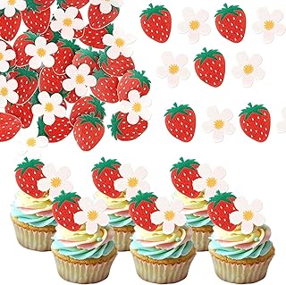 SYKYCTCY 60 Pack Edible Strawberry Cupcake Toppers Strawberry Flower Birthday Cake Decorations Edible Berry Bridal Engagem...