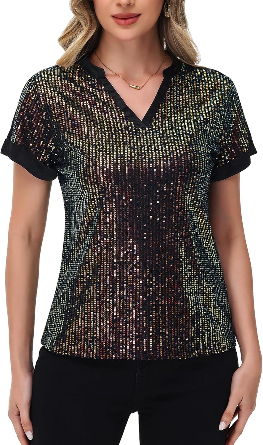 Anna-Kaci Women's Sequin Top Shirt Short Sleeve with Satin V Neckline Glitter Party Tunic Blouse