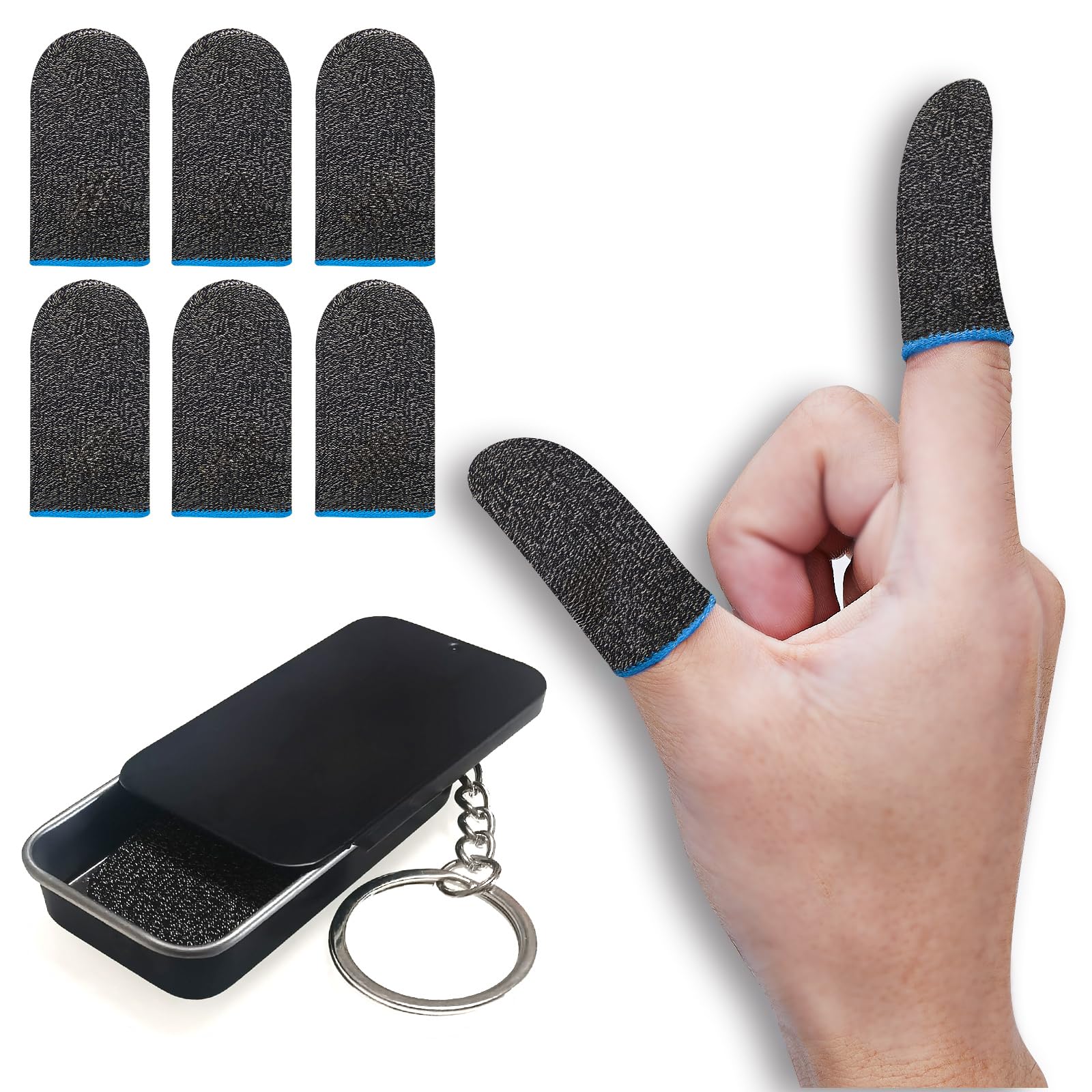 Funda de dedo para control de juegos móvil (paquete de 6) funda para pulgar para PUBG, antisudor, transpirable, sin costuras (gris carbón azul)