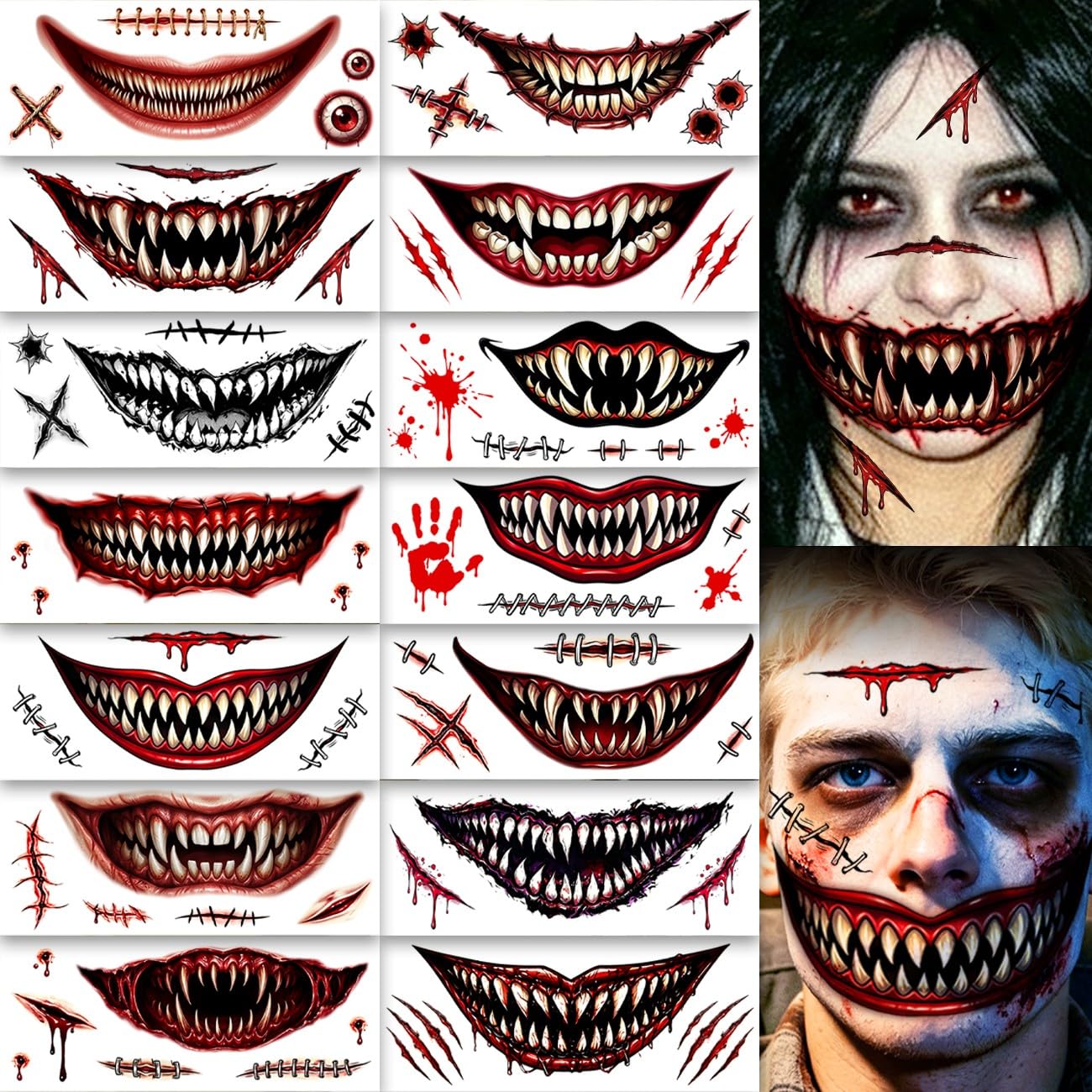 CHARLENT Halloween Scary Big Mouth Face Tattoos 14 Sheets