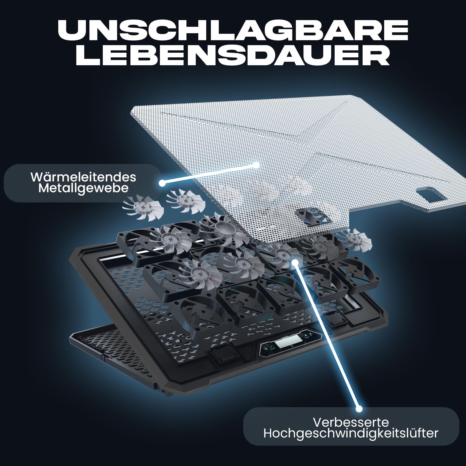 KLIM V15 Gaming Laptop Cooling Pad mit 15 Lüftern + Gaming Laptop Kühler + Stabiler RGB Ständer mit Lüfter + Kompatibel bis zu 17" + 2 USB Ports + Handyhalterung + 5 Jahre Schutz