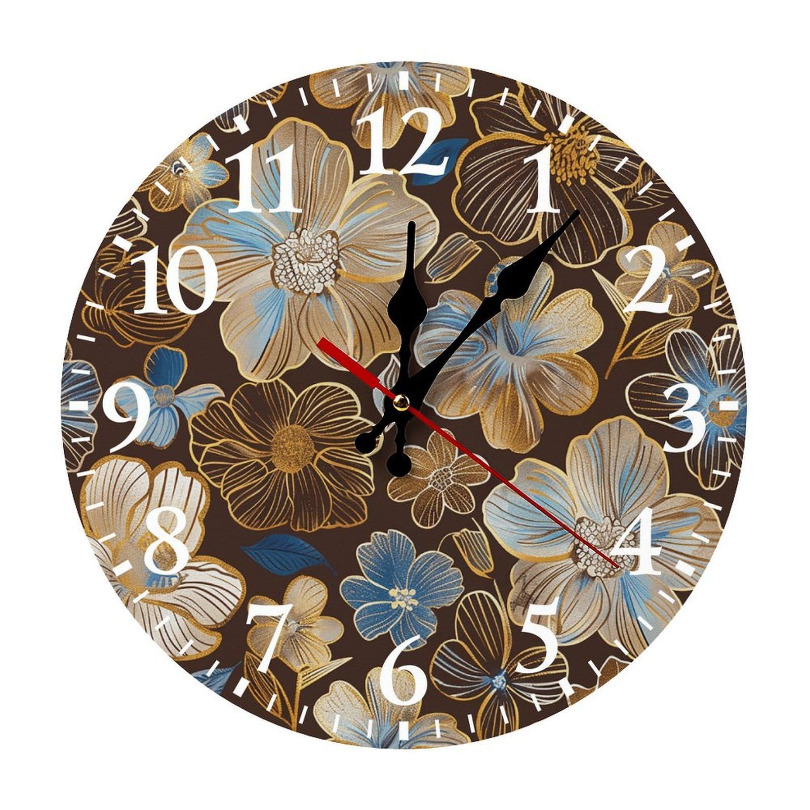 NTVOWPZO 10 Inch Wall Clock Hand Drawn Flowers Battery Operated Wall Clocks Silent Non-Ticking Round Wall Clock for Living Room Kitchen Home Office Wall Decorative Clock