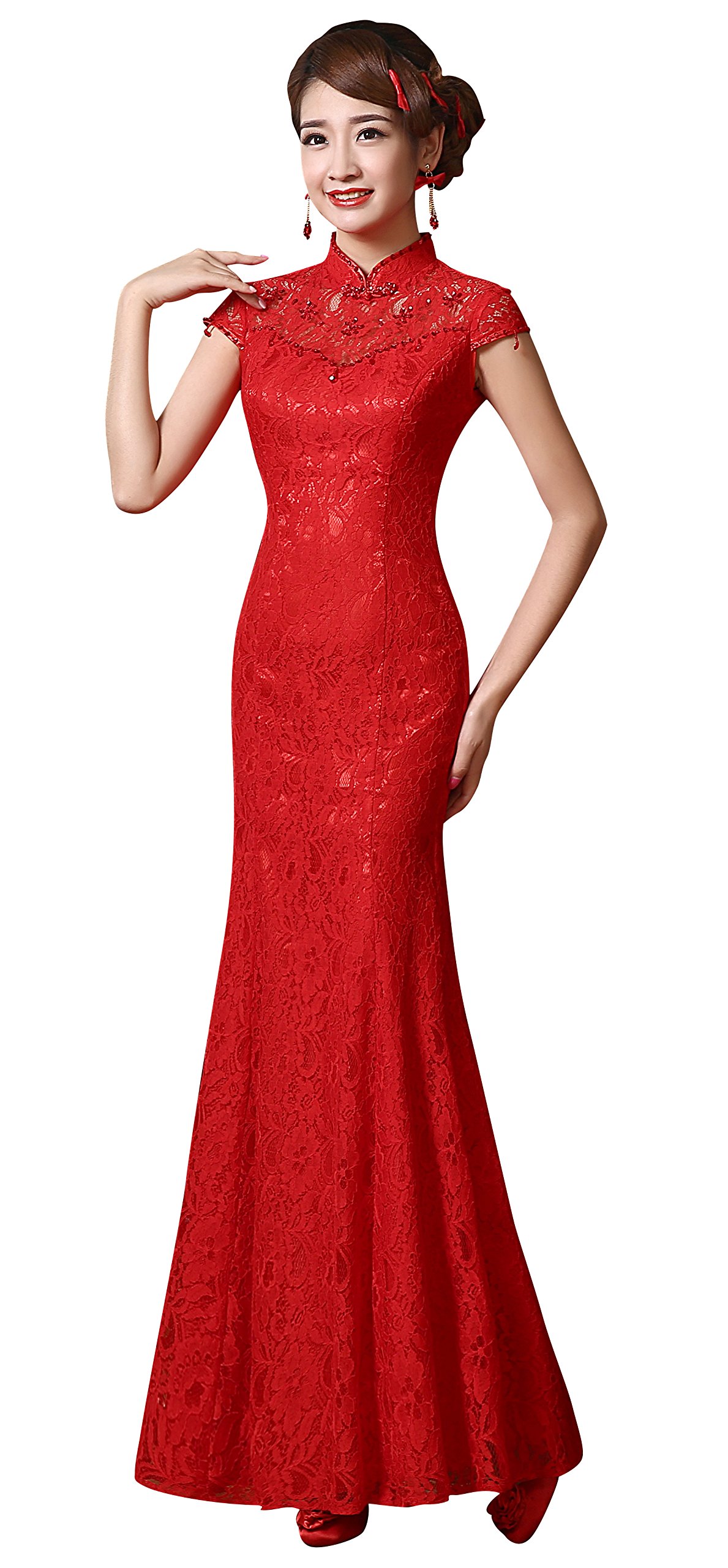 2017 New Simple Sexy Lace High Collar Short Sleeves Qipao Mermaid Wedding Dress Red