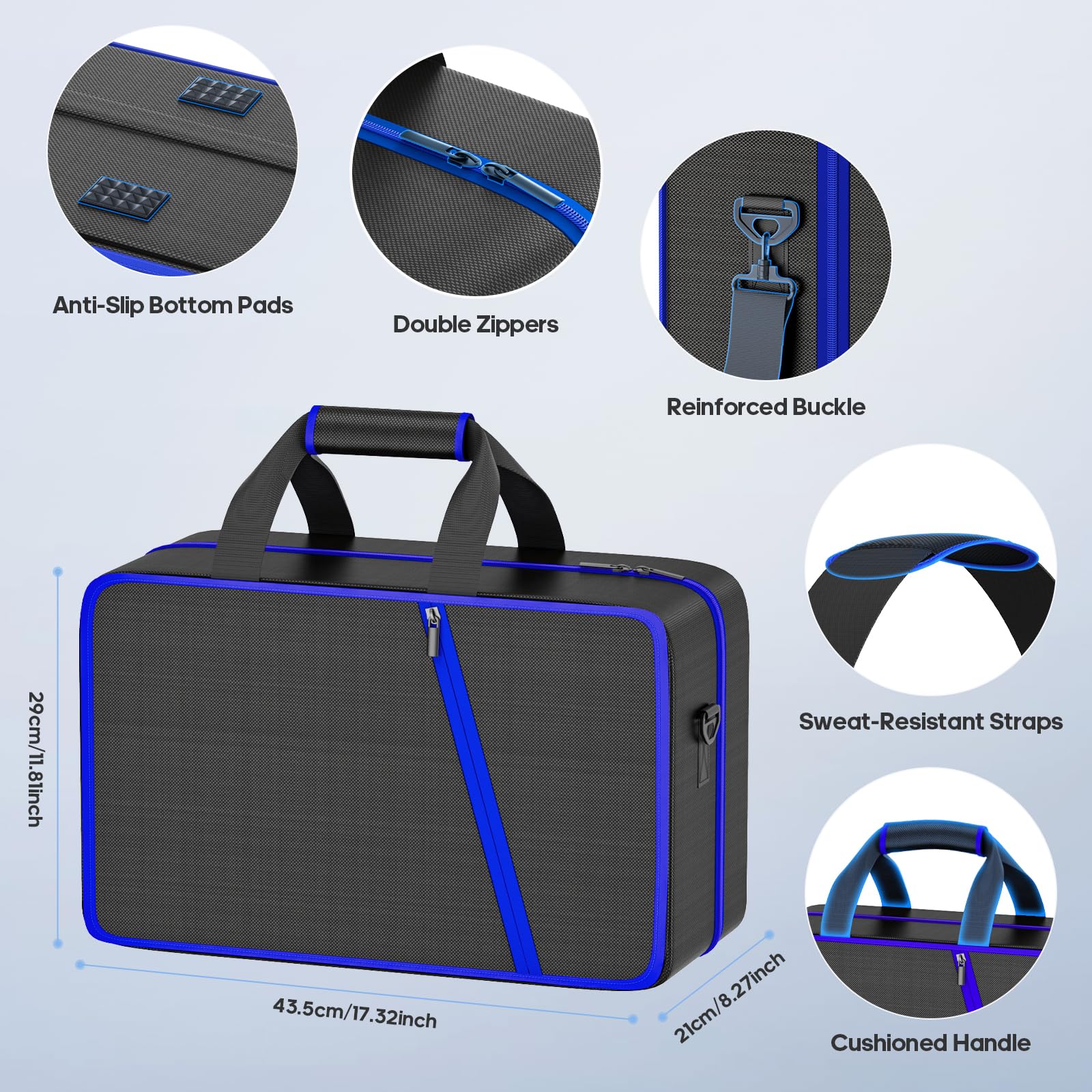 Gersker PS5 Tasche kompatibel mit PS 5/Slim/Pro Digital & Disc, 10 Fächer Aufbewahrung PS5 Rucksack für PS Portal, 4 Spielkarten, 2 Controller, PS 5 Reisetasche mit großer Kapazität, Schwarz & Blau