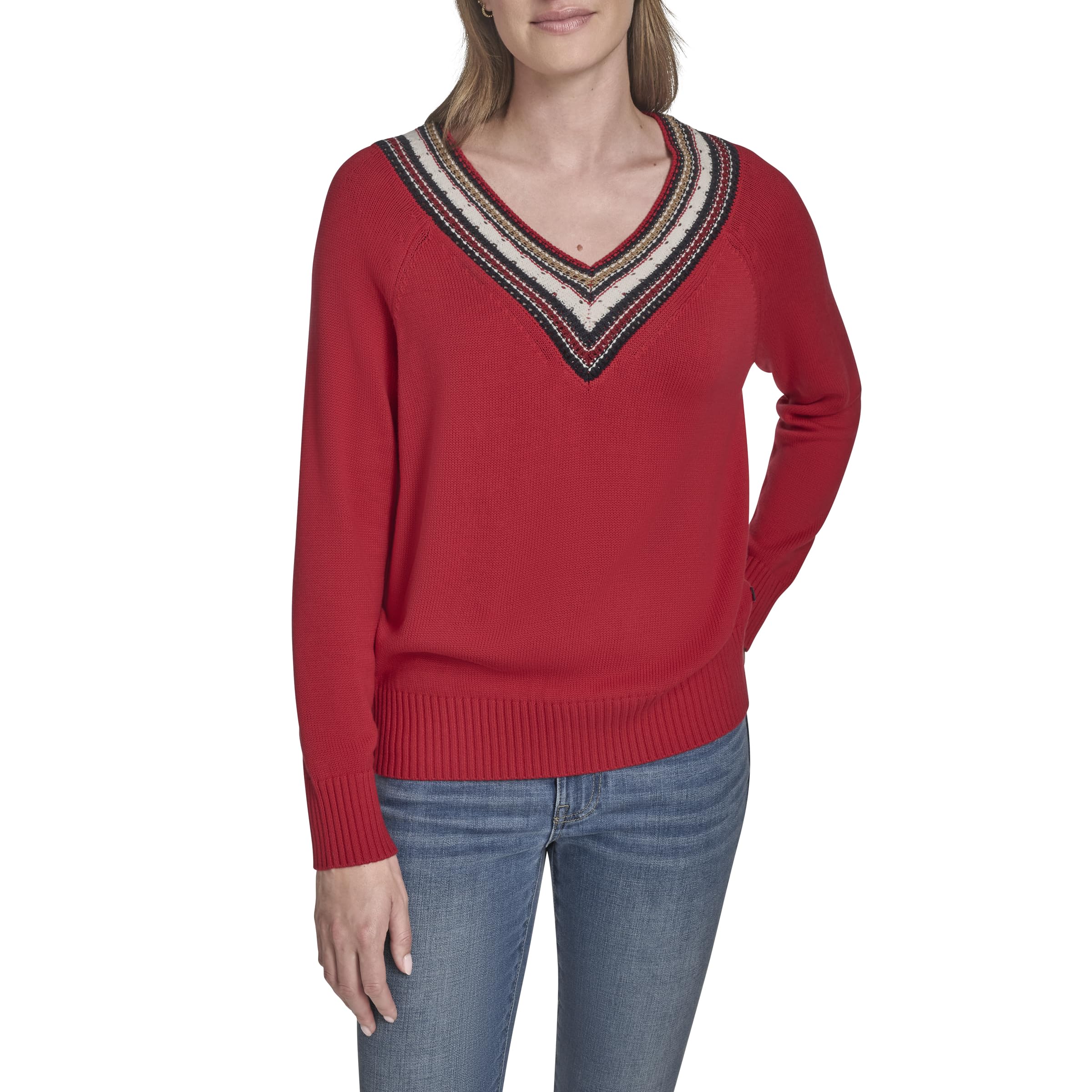Tommy Hilfiger Women's Scarlet Solid V-Neck Pullover Tipped Sweater, M