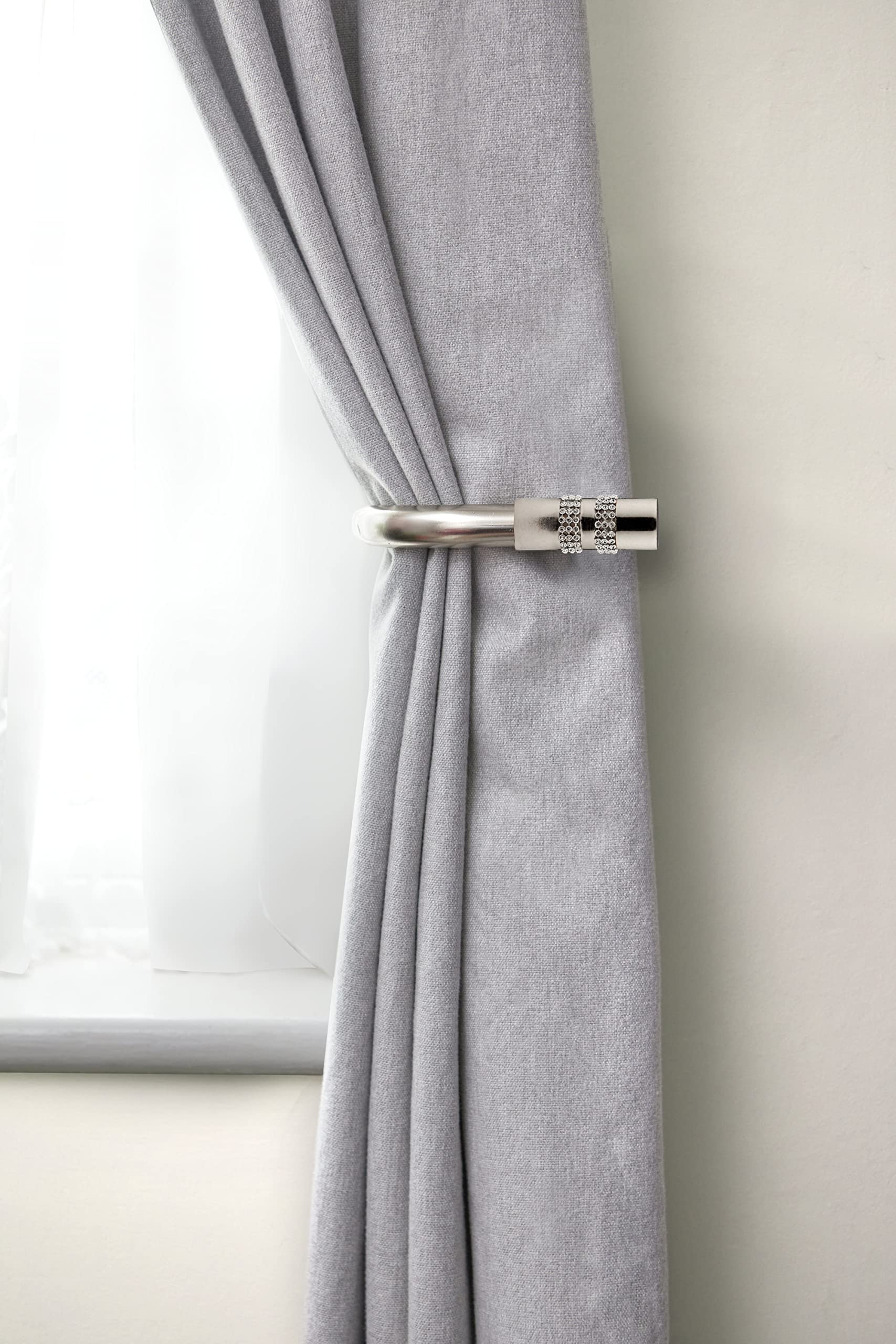 Emma Barclay Brushed Silver Diamante - Pair Of Holdaback Tiebacks With End Finials In - 20Cm