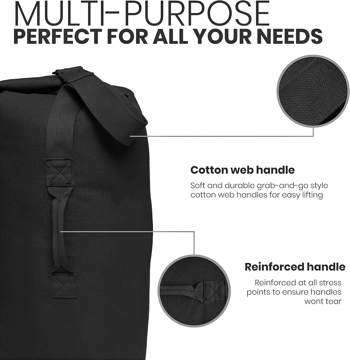WHITEDUCK Top Load Canvas Folding Duffel Bag, Water Resistant Army Style Shoulder Bag for Men and Women- Gym, Sports, Travel, Hiking, Camping, Backpacking (Large 25" x 42",Black) - Image 5