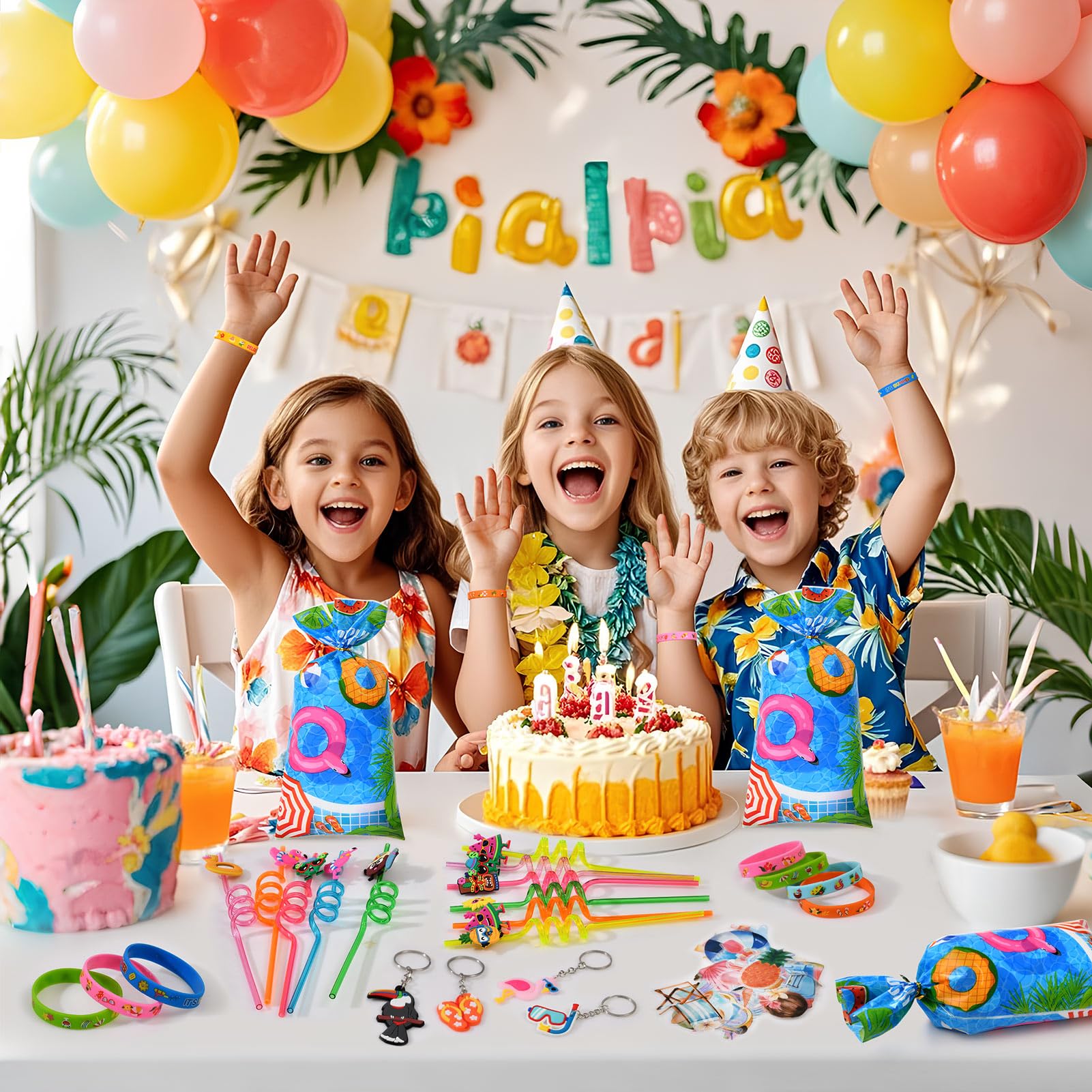 Été Piscine Fête Goodies Anniversaire Enfant Paille Plastique Porte Clef Stickers Sachet Bonbon Bracelet Caoutchouc Jeux De Piscine Fête Hawaïenne Sac Cadeau Anniversaire