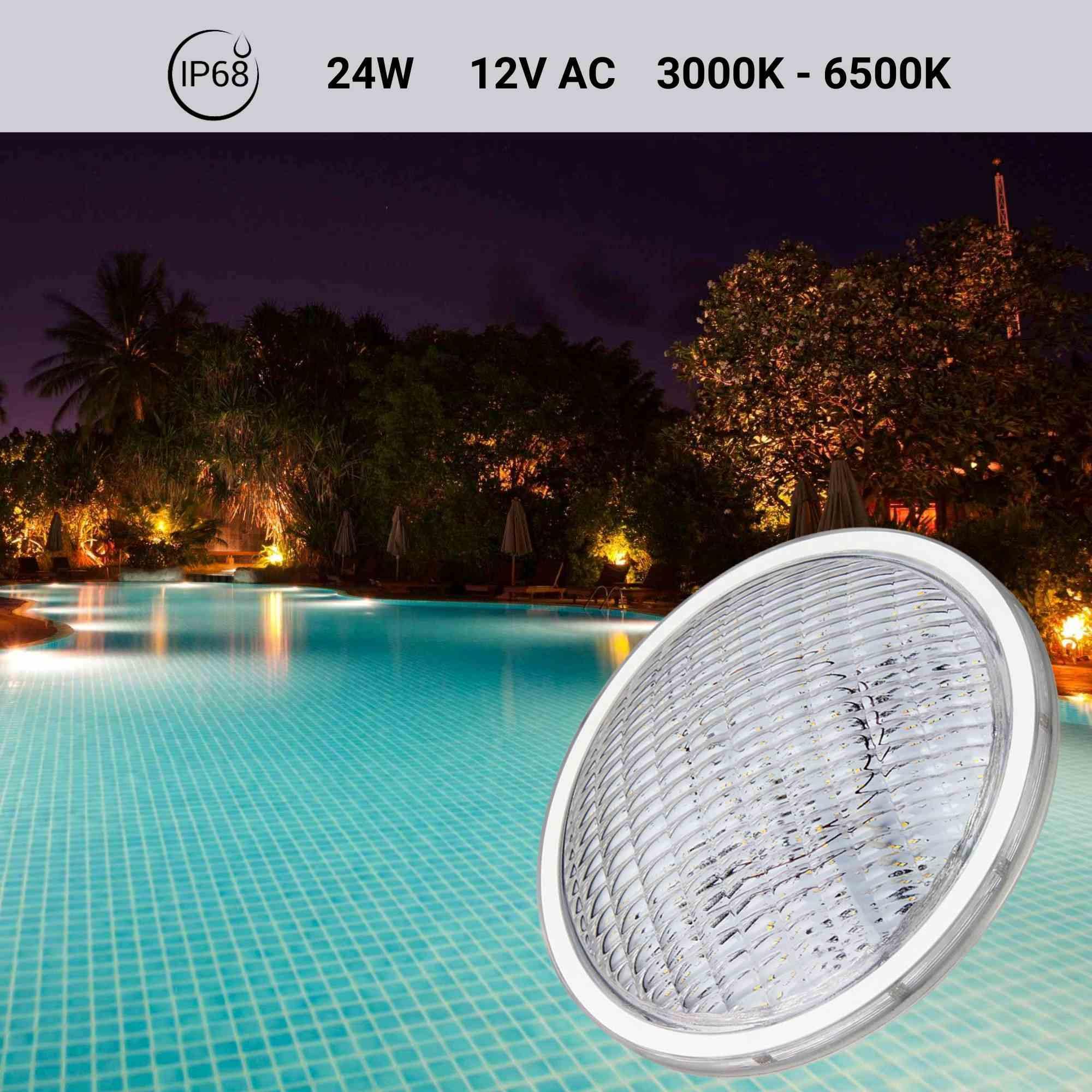 BARCELONA LED Faretto LED Piscina Sommersibile PAR56 24W 12V AC, Luce Calda e Fredda, IP68, Acciaio Inossidabile, Lampada LED per Piscina, Risparmio Energetico e Sicurezza Sott’Acqua