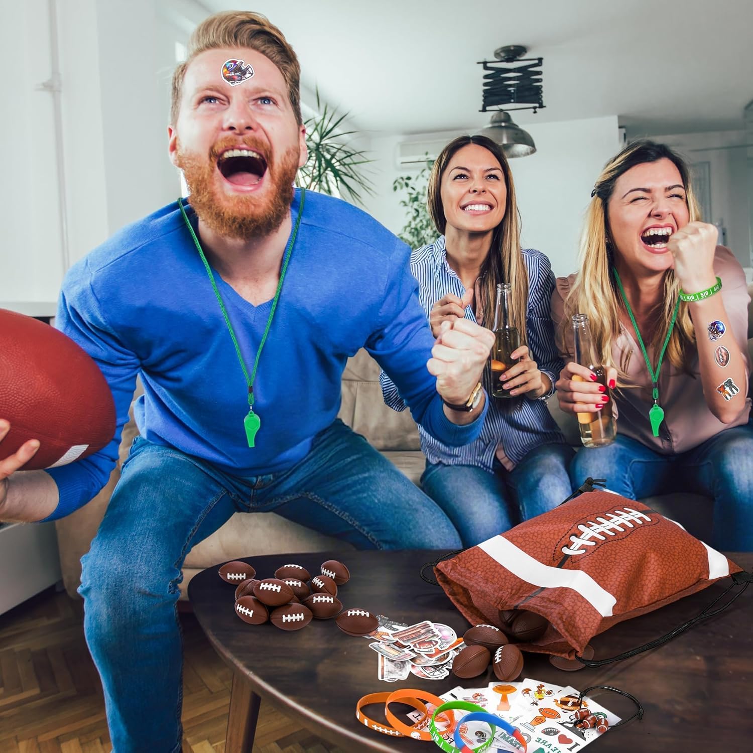 Elcoho 134-Piece Football Party Favors Set Drawstring Goodie Bags Bracelets Keychains Silicone Wristband Tattoo Stickers Mini Football Whistles for Sport-themd Party Supplies Birthday Gifts - Image 7