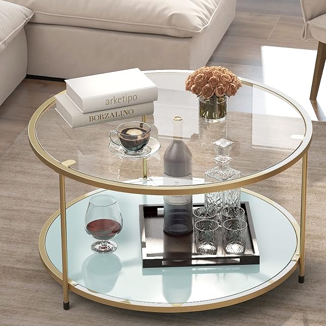 33in Round Glass-Top Coffee Table,Mustard Gold Modern Accent Side Sofa Table w/Protective Foot Pads,Metal Structure & Reinforced Frame for Living Room,Dining Room,Apartment,Small Space (Gold)