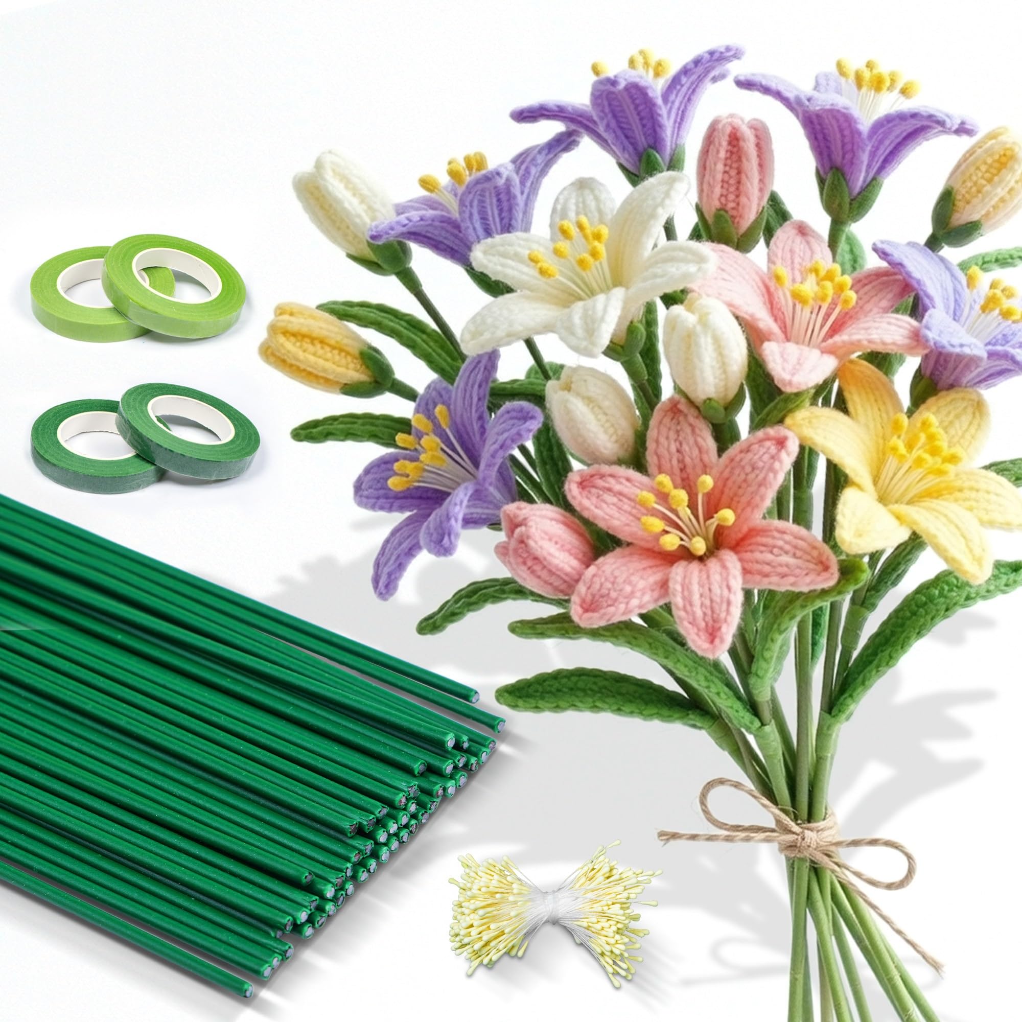 Pipe Cleaners Flower Making Accessory Kit, 50Pcs Floral Stem Wire, 4 Rolls Floral Tape & Flower Stamens, DIY Craft Supplies for Handmade Pipe Cleaner Flowers, Pipe Cleaners Not Included
