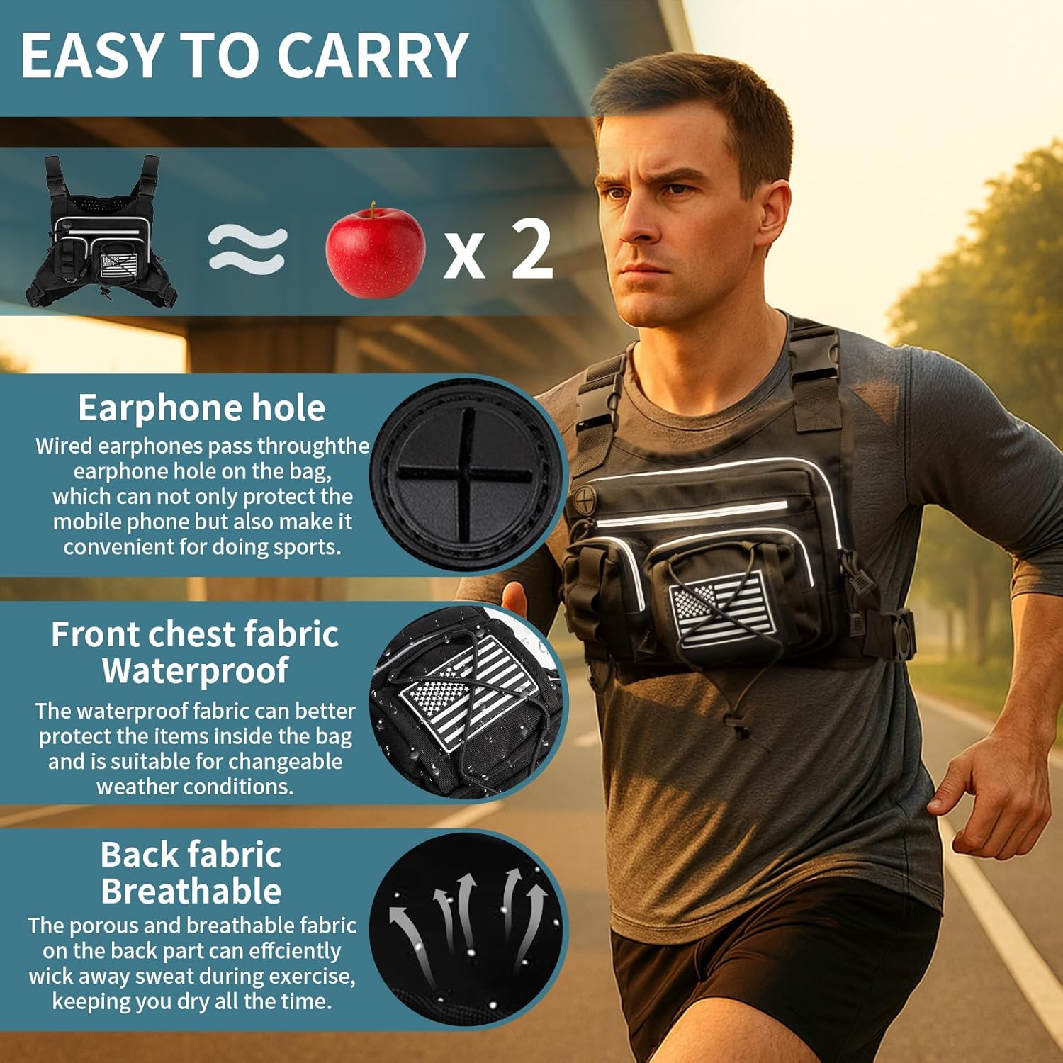 Tactical Breathable Chest Bag, Multi-functional Running Vest, Featuring Reflective Zipper Pocket and Flag Patch, Adjustable Straps, for Night Running, Hiking, Cycling and Fitness Use (Black)