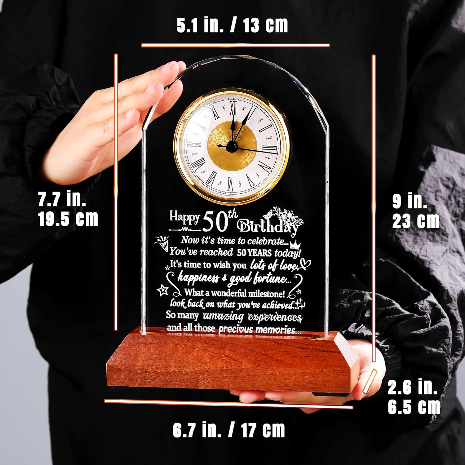 Ornalrist Happy 50th Birthday Crystal Clock Gifts for Men Women, 50 Year Old Birthday Present for Her, Him, 50th Birthday Keepsake for Couple, Quartz Clock with Wooden LED Light Base - Image 5