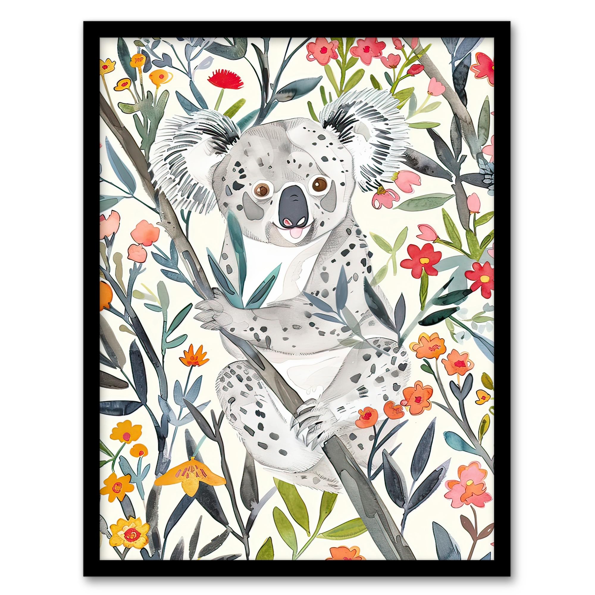Artery8 Happy Koala Bear on Blooming Tree Watercolour Living Room Artwork Framed Wall Art Print 18X24 Inch