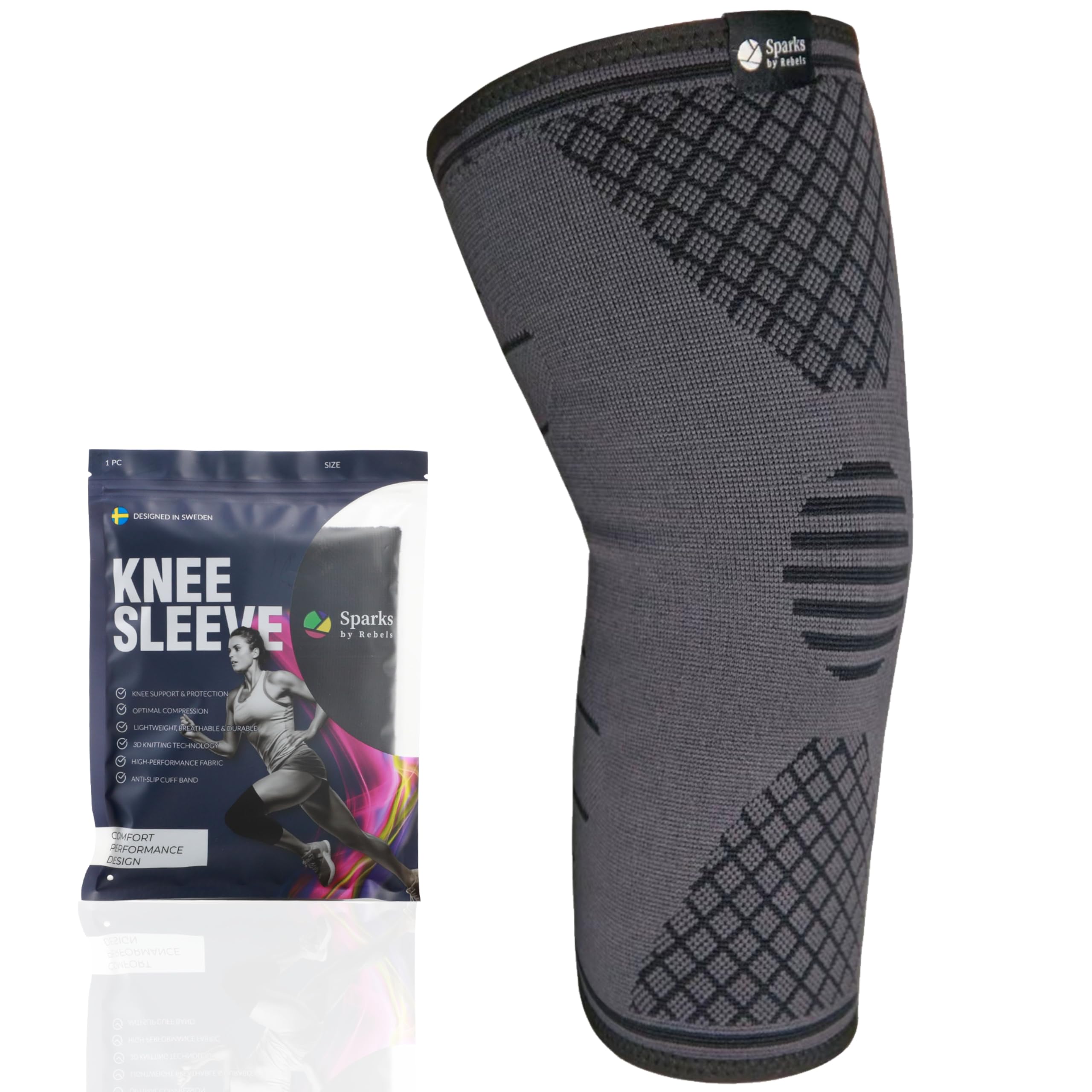 Sparks by Rebels Knee Compression Sleeves for Men & Women, Knee Support for Running, CrossFit, Hiking, Badminton, Pain Relief & Recovery for Meniscus Tears & Arthritis (1pc, Grey M)