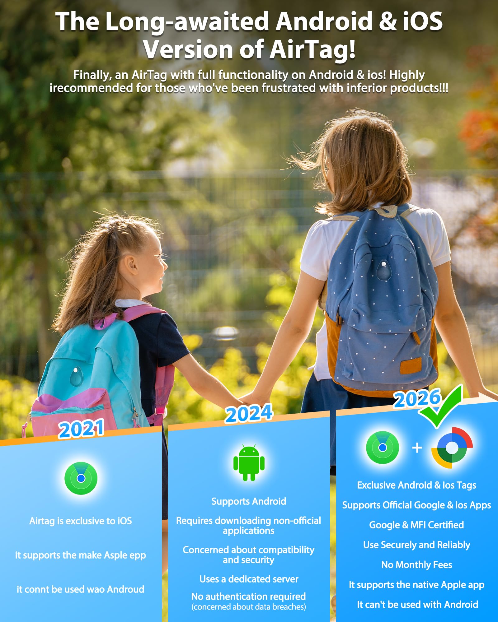 Lot de 2 traqueurs GPS cachés pour enfants, localisateur de clés, Bluetooth, avec broches, fonctionne avec Apple Find My, protection de la vie privée, mode perdu, convient pour les enfants, les