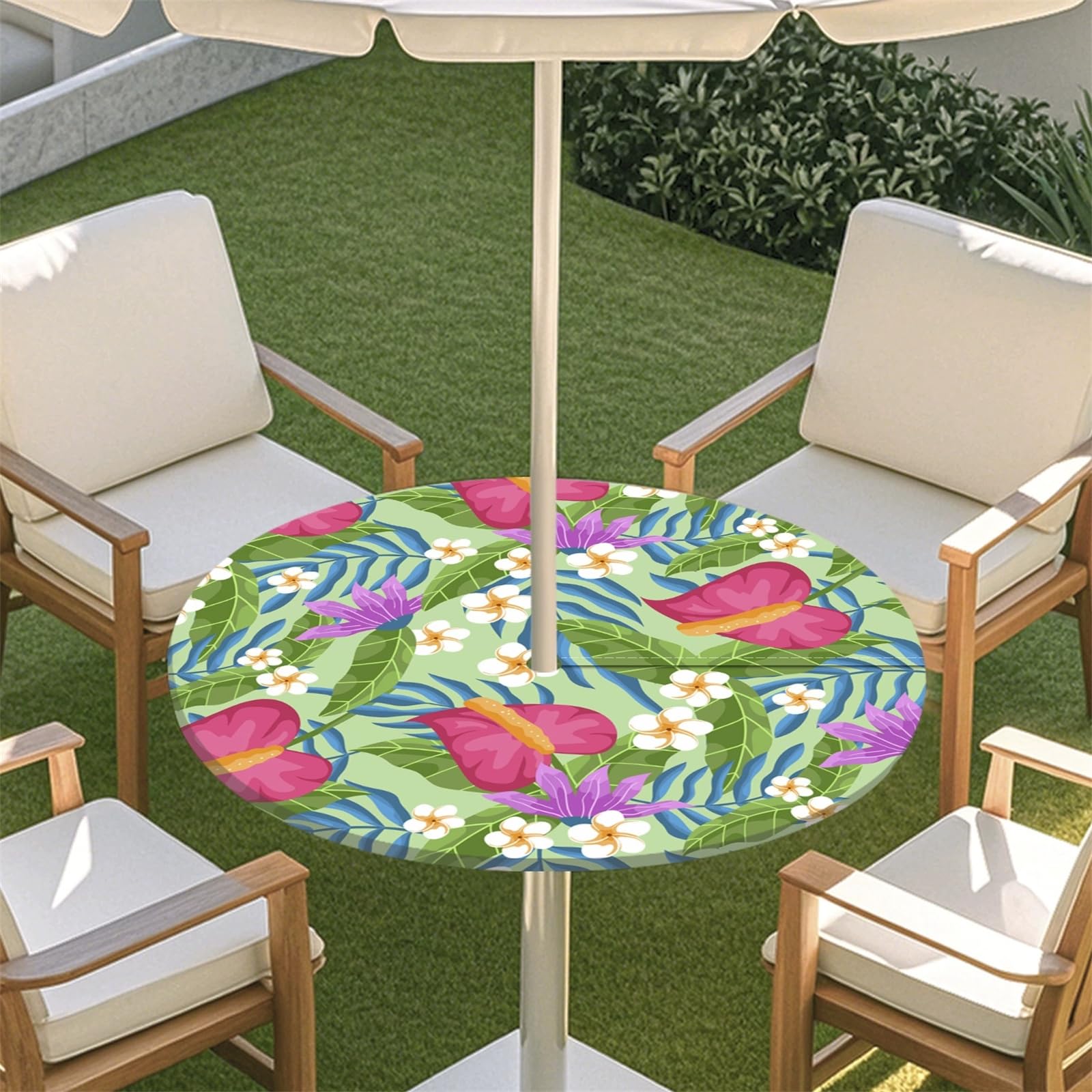Muiuou Round Tablecloth with Parasol Hole and Zipper, Plants Printing Elastic Edged Fitted Table Cover, Reusable Wipeable Oil-proof Table Cloth for Garden BBQ Party (Style 2,S(31-35inch))