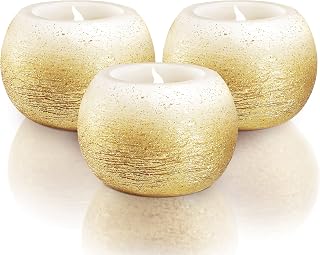 FURORA LIGHTING Small Gold Glittery Real Wax Flameless Candles, Pack of 3 – LED Flickering Small Round Candles, 2.4” x 1.6”, Battery Included, Ideal for Home Decor