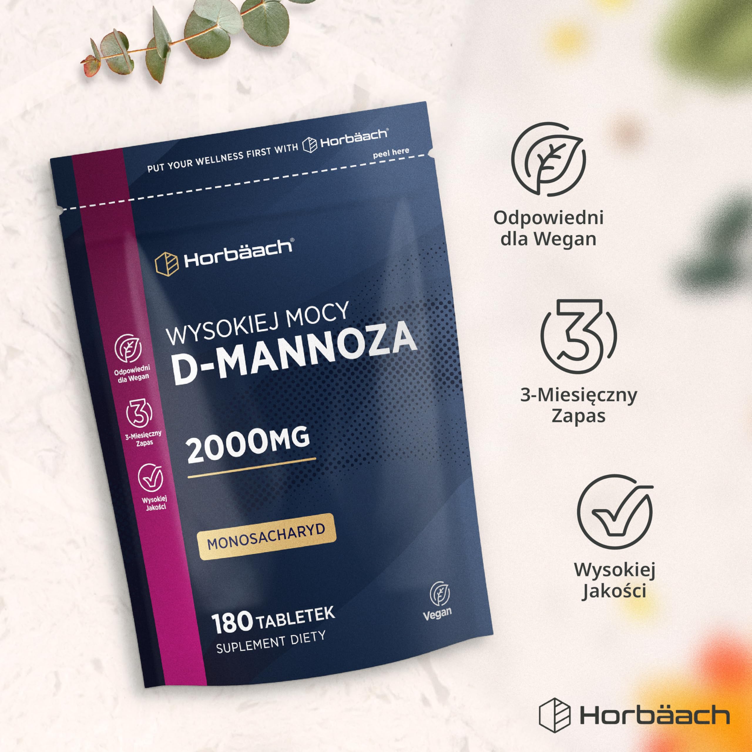 D-Mannoza Tabletki 2000mg | 180 Tabletek Wegańskich (Zapas na 3 Miesiące) | Suplement Diety o Wysokiej Mocy dla Kobiet i Mężczyzn | marki Horbaach