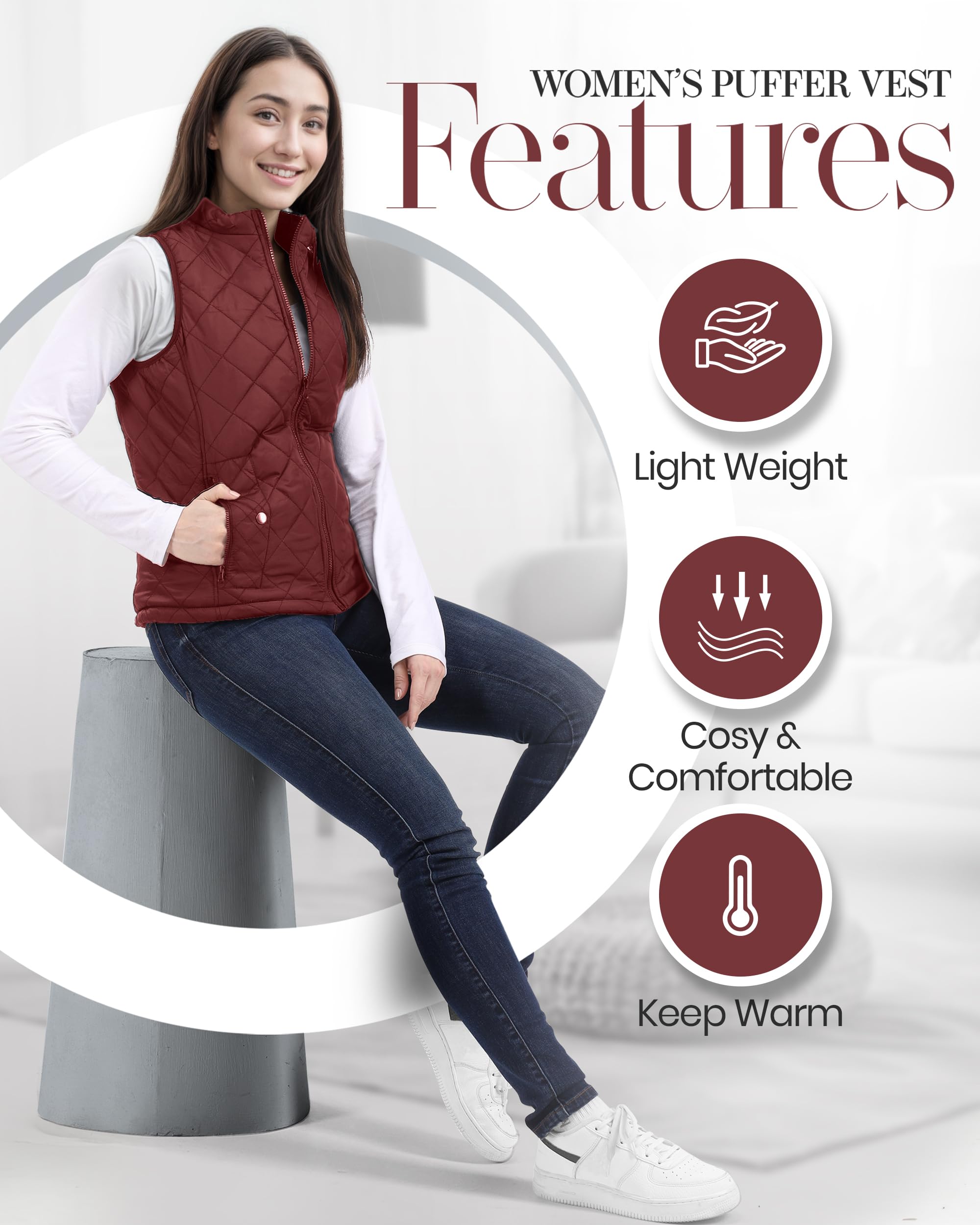 NY Threads Chaleco acolchado para mujer, ajustado, ligero, cuello alto, acolchado, con cremallera