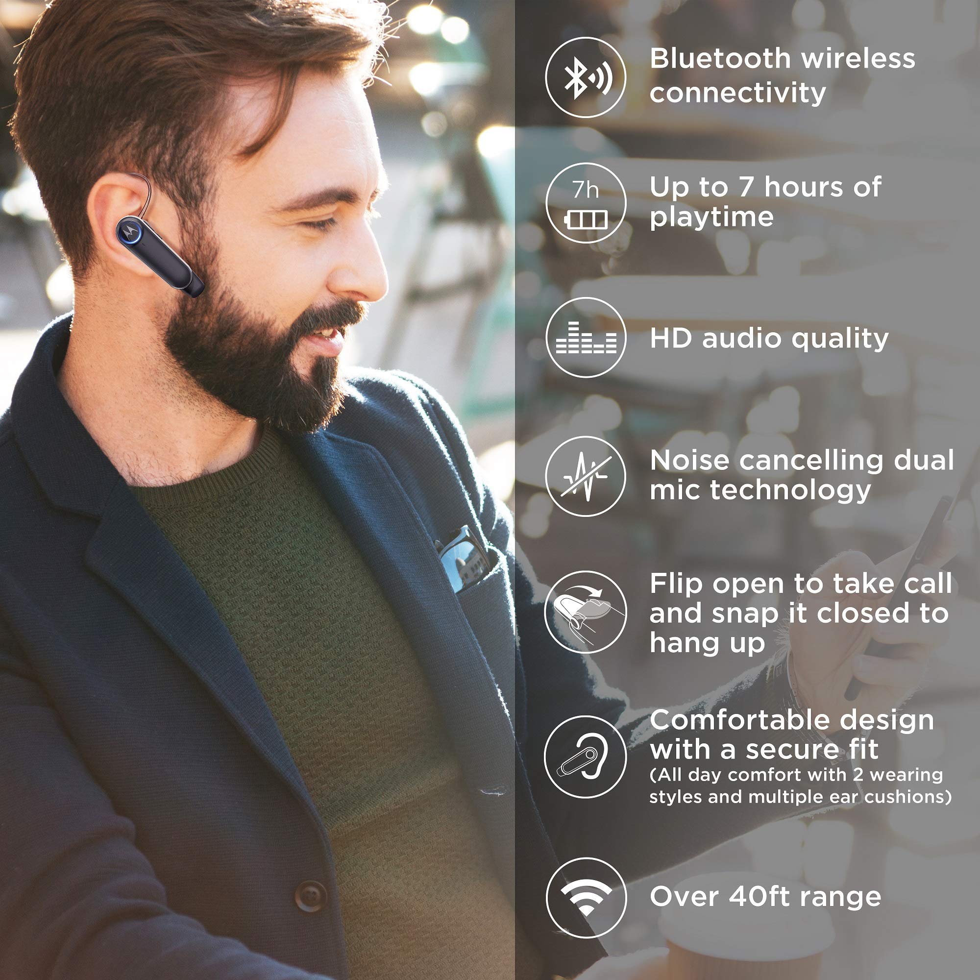 Motorola Boom 3 in-Ear Wireless Mono Alexa Enabled Headset - Noise Cancelling Bluetooth 5.0 Earpiece with Flip Microphone - 7-Hour Battery Life, 40-Foot Range - Ear Hook & Gel Buds