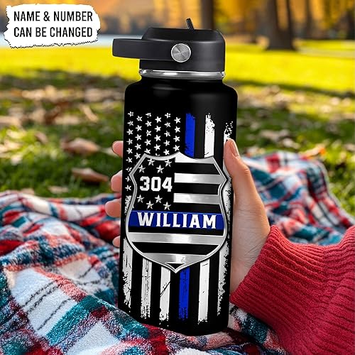 Vista 28 de Hyturtle Botella de agua personalizada de policía, botella de acero inoxidable aislada de 18 onzas, 32 onzas, bandera de línea azul fina, regalo