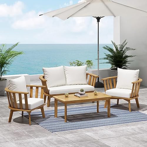 4 Pcs Wood Patio Furniture Set, Outdoor Furniture with Coffee