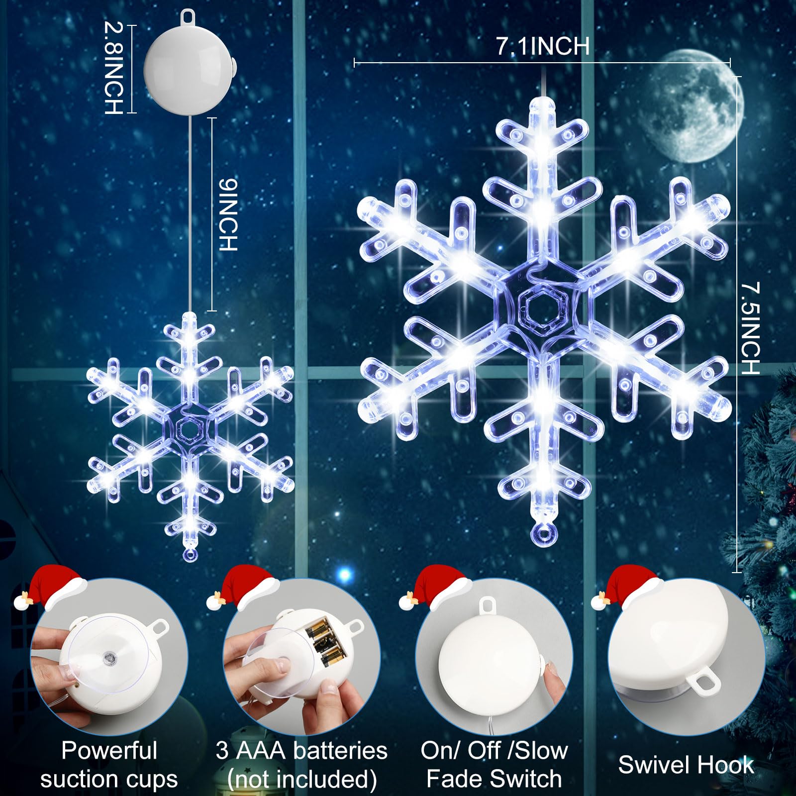 Tujoe Lot de 10 lumières de fenêtre lumineuses avec minuterie, ventouse, fonctionnement à piles pour Noël, Nouvel An, extérieur et intérieur (blanc, flocon de neige)