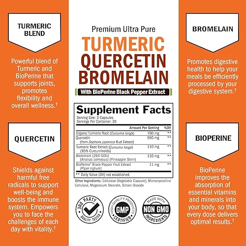 Miniatura 2 de Suplemento de quercetina de cúrcuma con bromelina, apoyo natural extra fuerte para el sistema inmunológico y articular con pimienta negra BioPerine