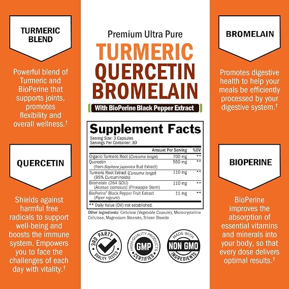 Turmeric Quercetin with Bromelain Supplement - Natural Extra Strength Immune and Joint Support with BioPerine Black Pepper for Max Absorption - Organic Tumeric Bromelain Supplement Vegan Safe, Non-GMO