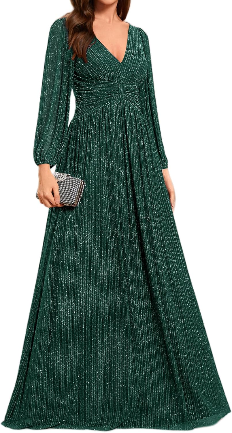 Ever-Pretty Women's A-Line Long Lantern Sleeves Formal Gowns Empire Waist Long Glitter Evening Dress
