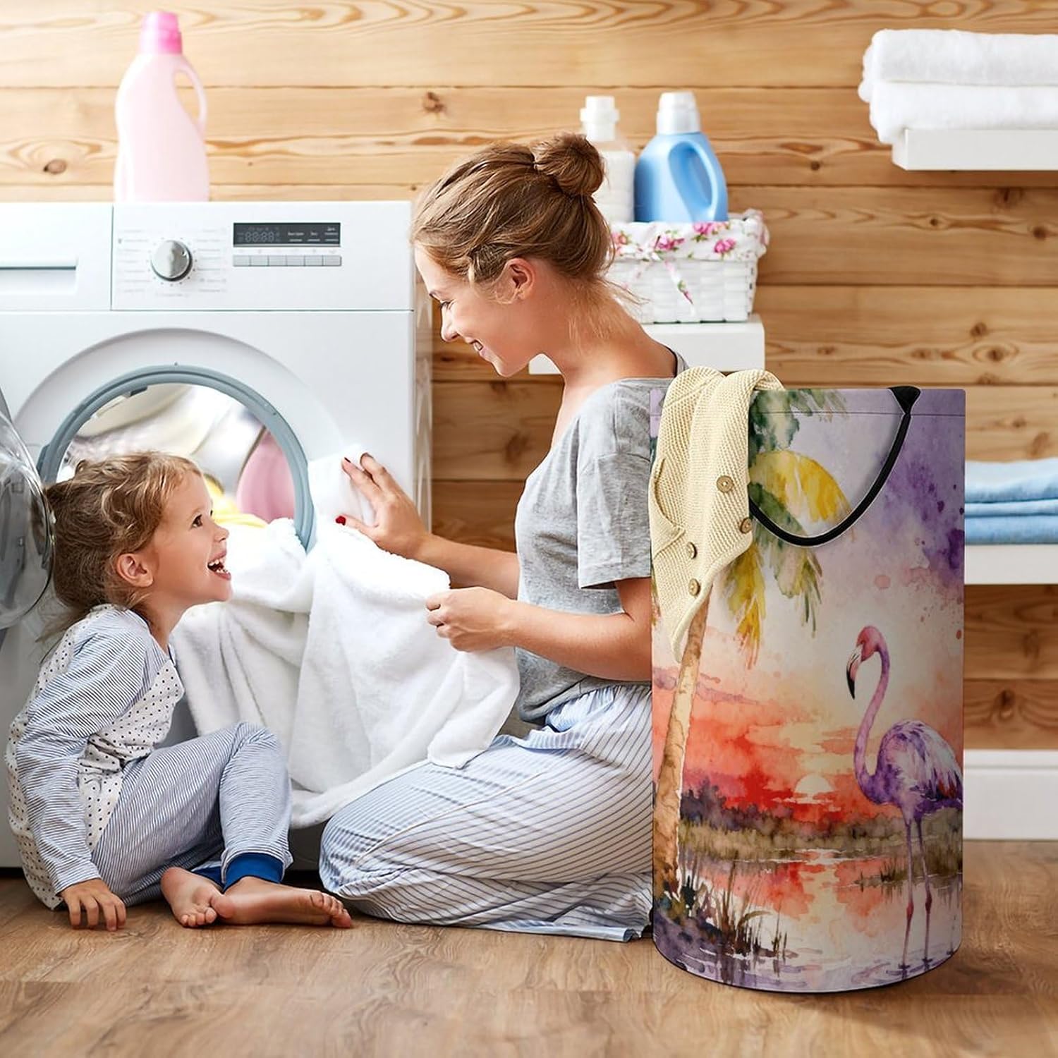 Flamingo Palm Tree Laundry Hamper with Handles Waterproof Collapsible Laundry Basket Large Lightweight Round Dirty Clothes Hamper for Home Dorm Bathroom Decor