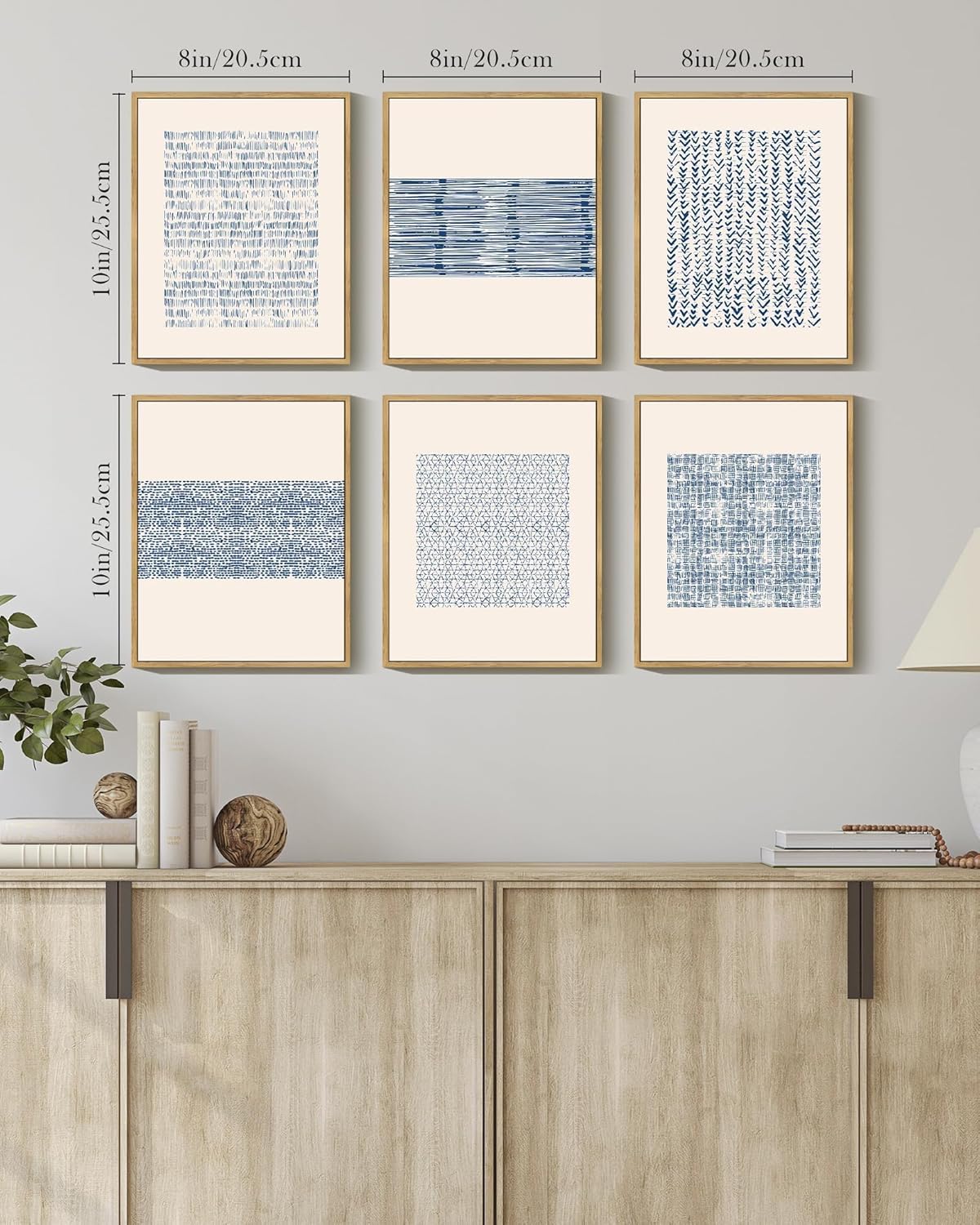 Drsoum Mid-century Boho Geometric Abstract Decor Blue White Grunge Minimalist Bohemian Wall Art Framed Canvas Prints 8"x 10"x 6pcs Natural Framed