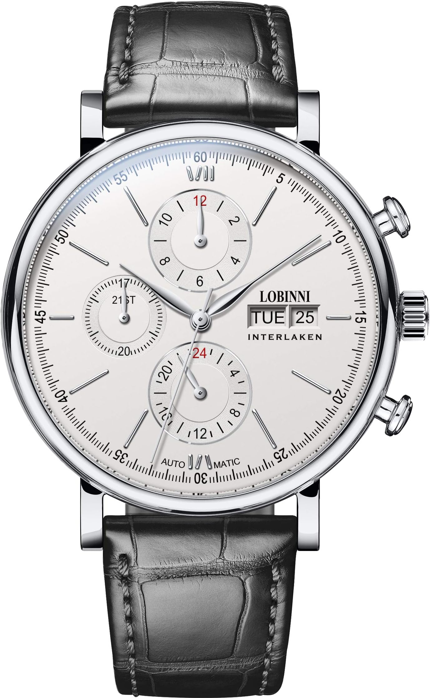 LOBINNI Mens 50M Waterproof Business Triple Windows Automatic Mechanical Dress Wrist Watch with Week,Date,Month