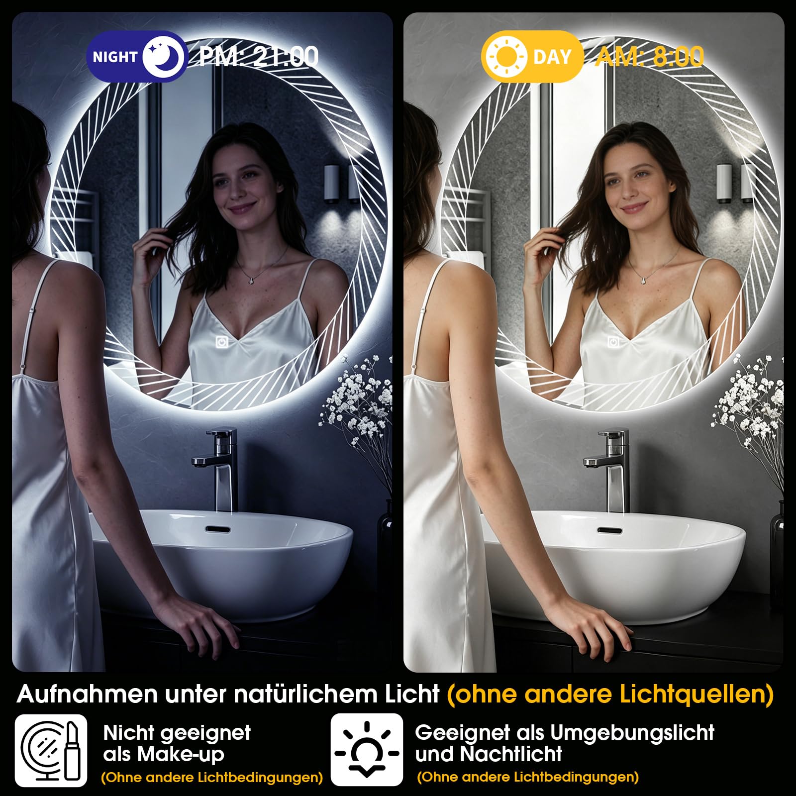 Specchio da parete per bagno, con illuminazione, (80 x 80 cm)