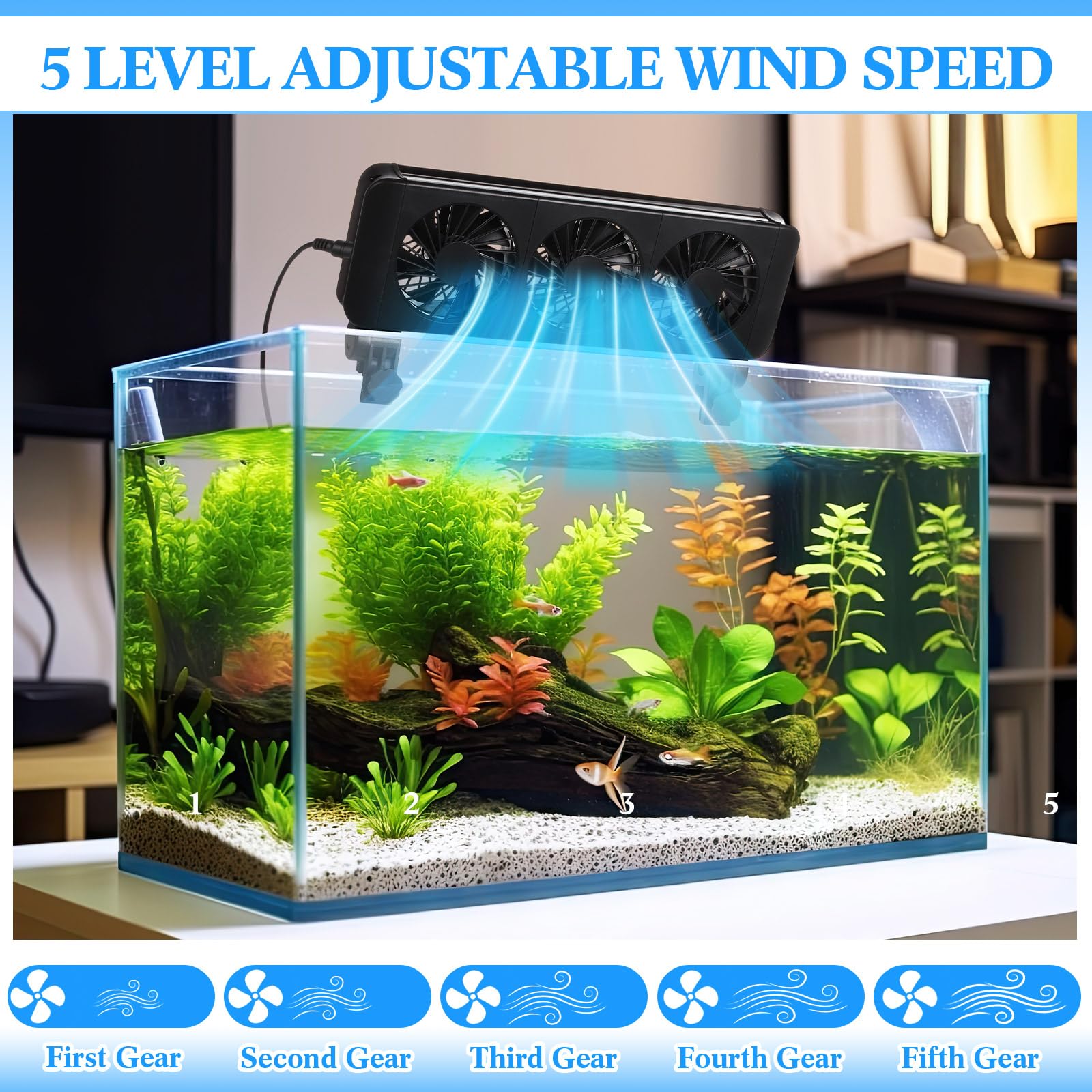 Tujoe 2 ventiladores de acuario de 3 cabezales ajustables con temporizador, 5 velocidades de viento, funcionamiento silencioso para tanques de agua dulce y salada