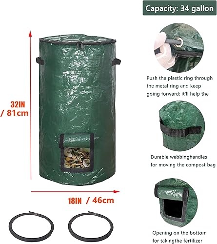 Miniatura 9 de Bolsas de compost de 34 galones, bolsas de compost de jardín para botes de basura de jardín y patio (negro, 1 unidad)