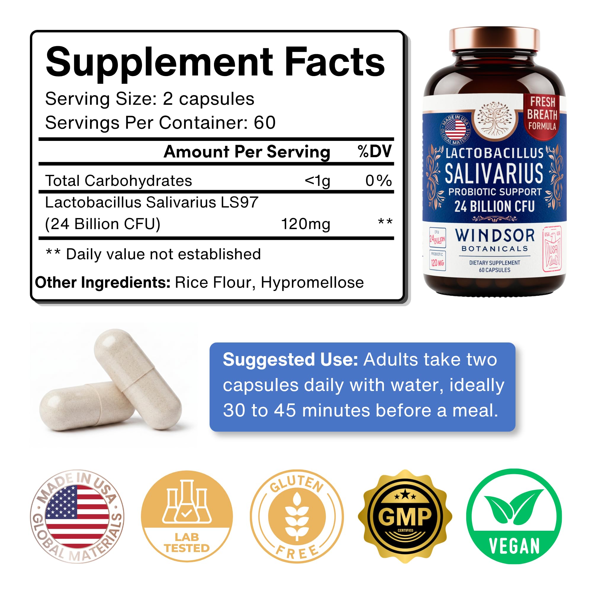 Lactobacillus Salivarius Dental Probiotic - 24 Billion CFU - 60 Capsules — Amazon image 3