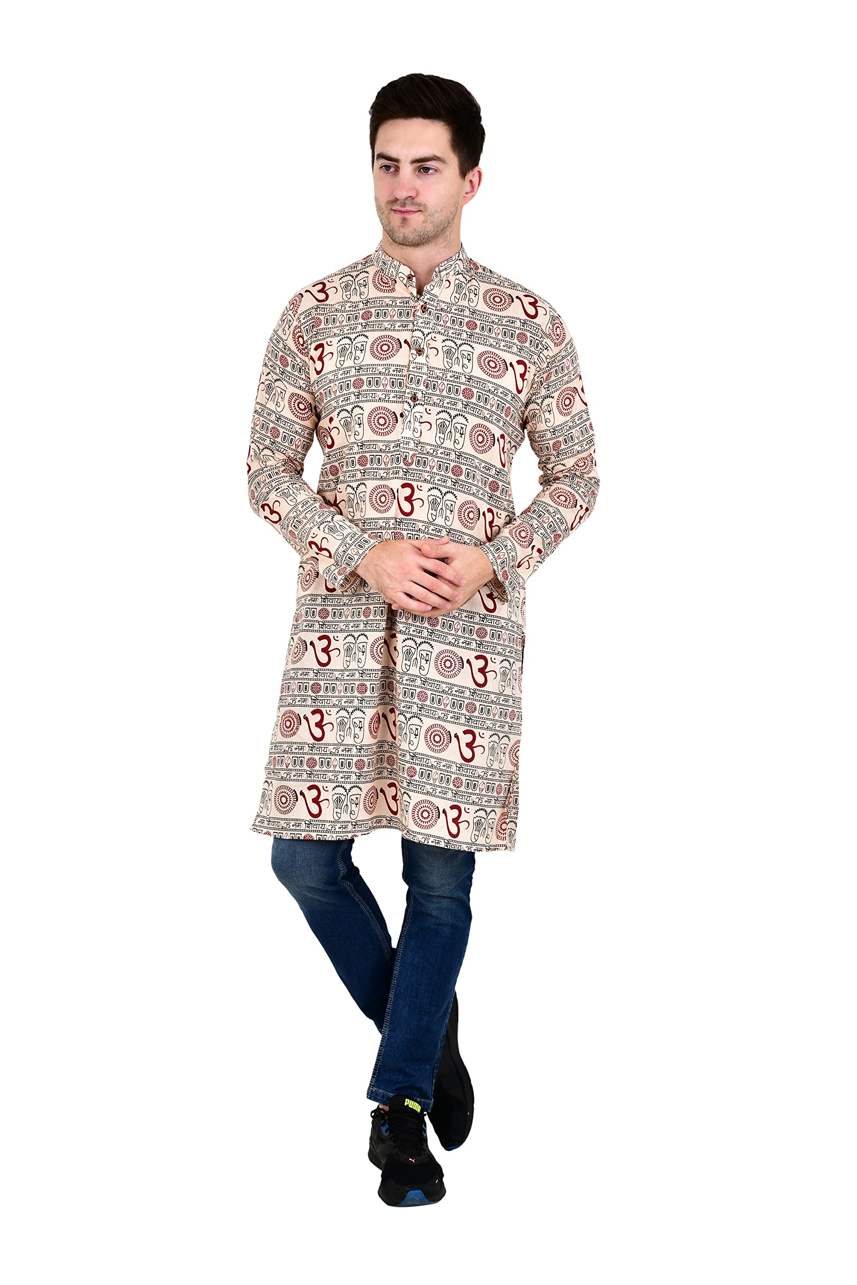 ldhsatiMen's Cotton Solid Casual Straight Long Om (Shree Radha Krishna ji) Printed Kurta for Men (Man's) Man Traveling Kurta, Kurta for Puja (to Worship)