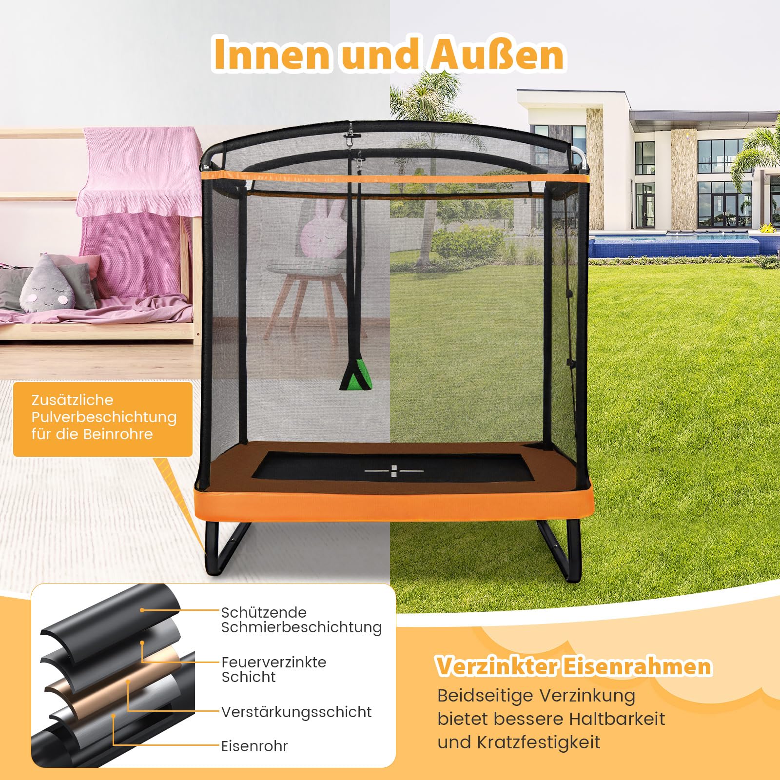 COSTWAY 2 in 1 Kindertrampolin mit Schaukel, Gartentrampolin rechteckig mit Sicherheitsnetz & Randabdeckung, Indoor-/Outdoortrampolin für Kinder bis 100kg Belastbar