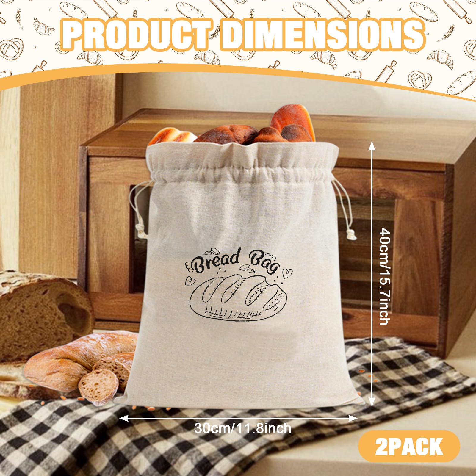 Pcmursal 2 Pieces Linen Bread Bags for Homemade Bread, 12 x 16 Inch Reusable Sourdough Bread Bag for Bakery Baguette Picnic Wedding Wrapping Camping