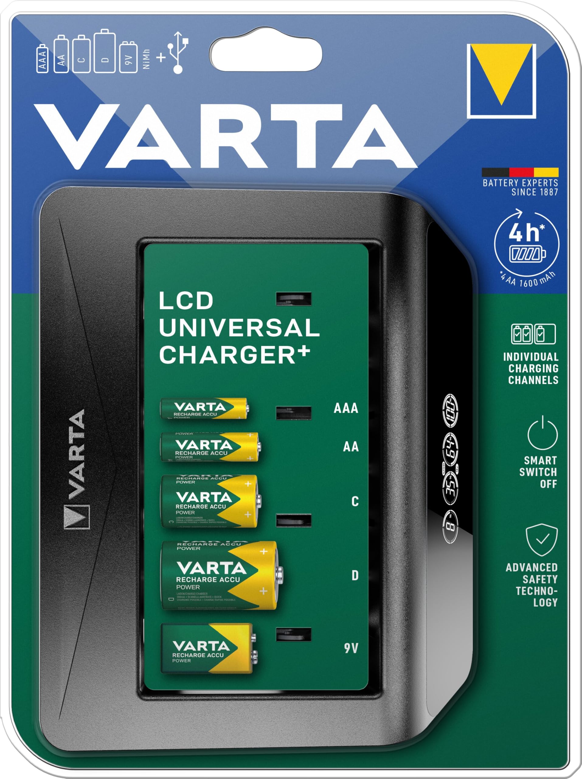 VARTA Cargador de Pilas, Cargador para Pilas AA/AAA/C/D/9V Recargables y Dispositivos USB, LCD Universal Charger+, Carga por Ranura única, no Equipado | para pilas recargables NiMH, con fuente de alimentación/adaptador de coche 12 V